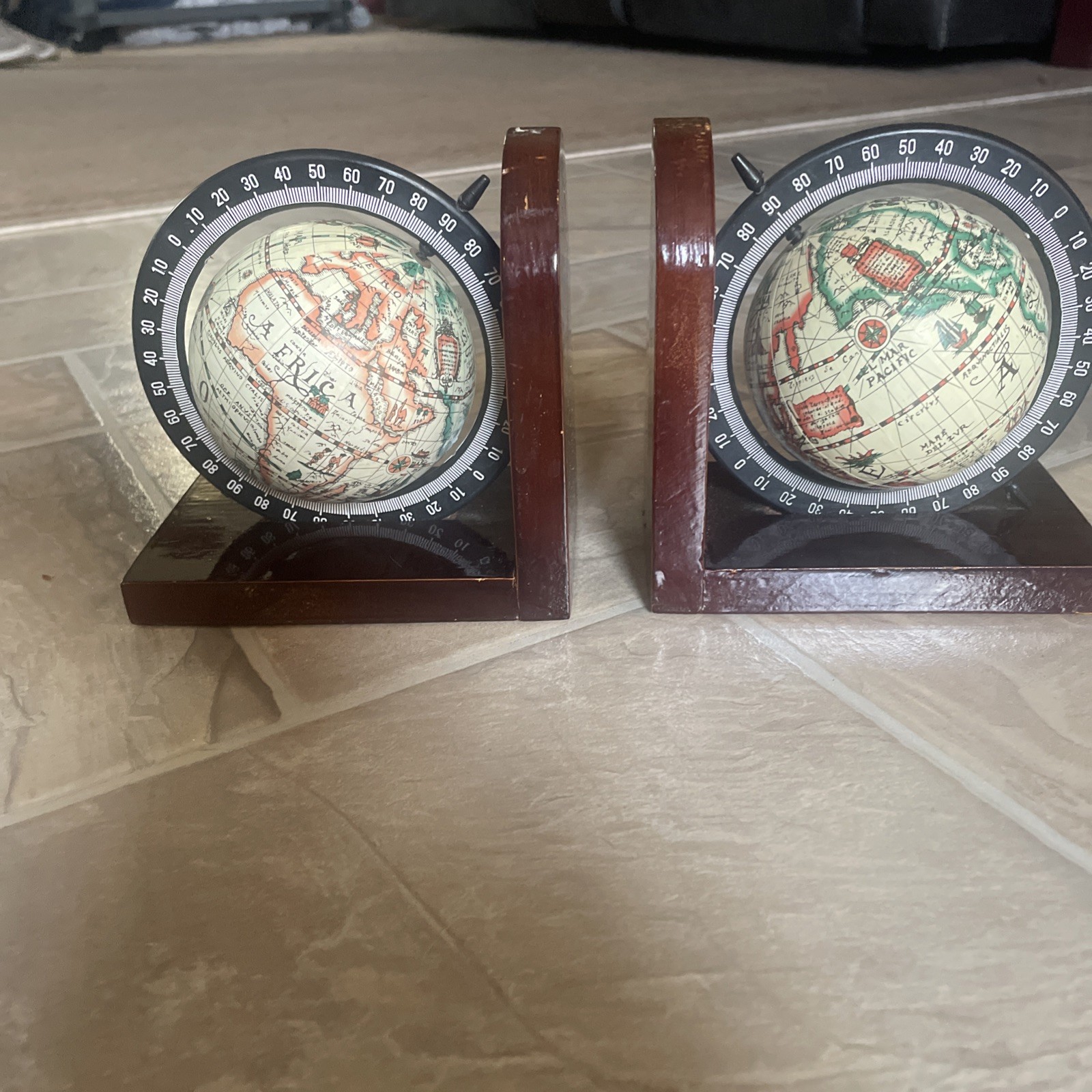 RARE Old World Globe Bookend on Wooden Base 