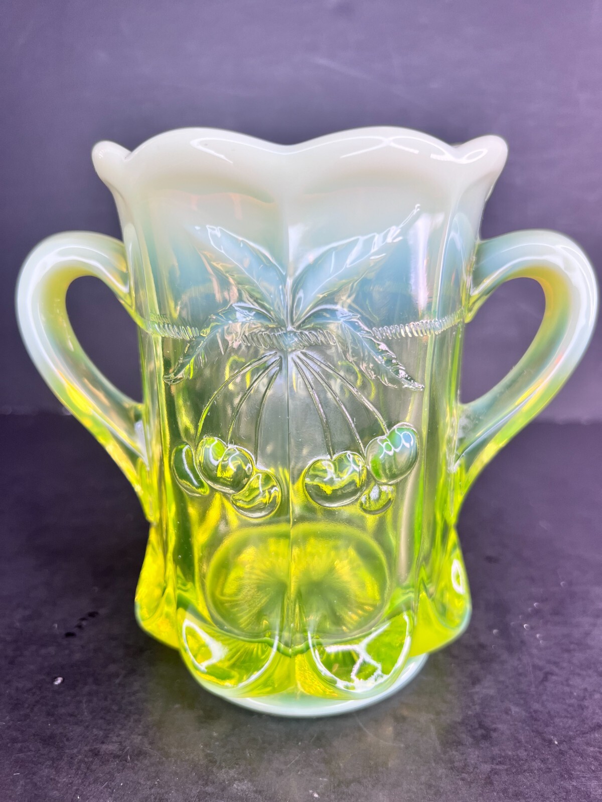 Vaseline Topaz Opalescent Glass Spooner Vase W Handles Cherry Cable by Mosser