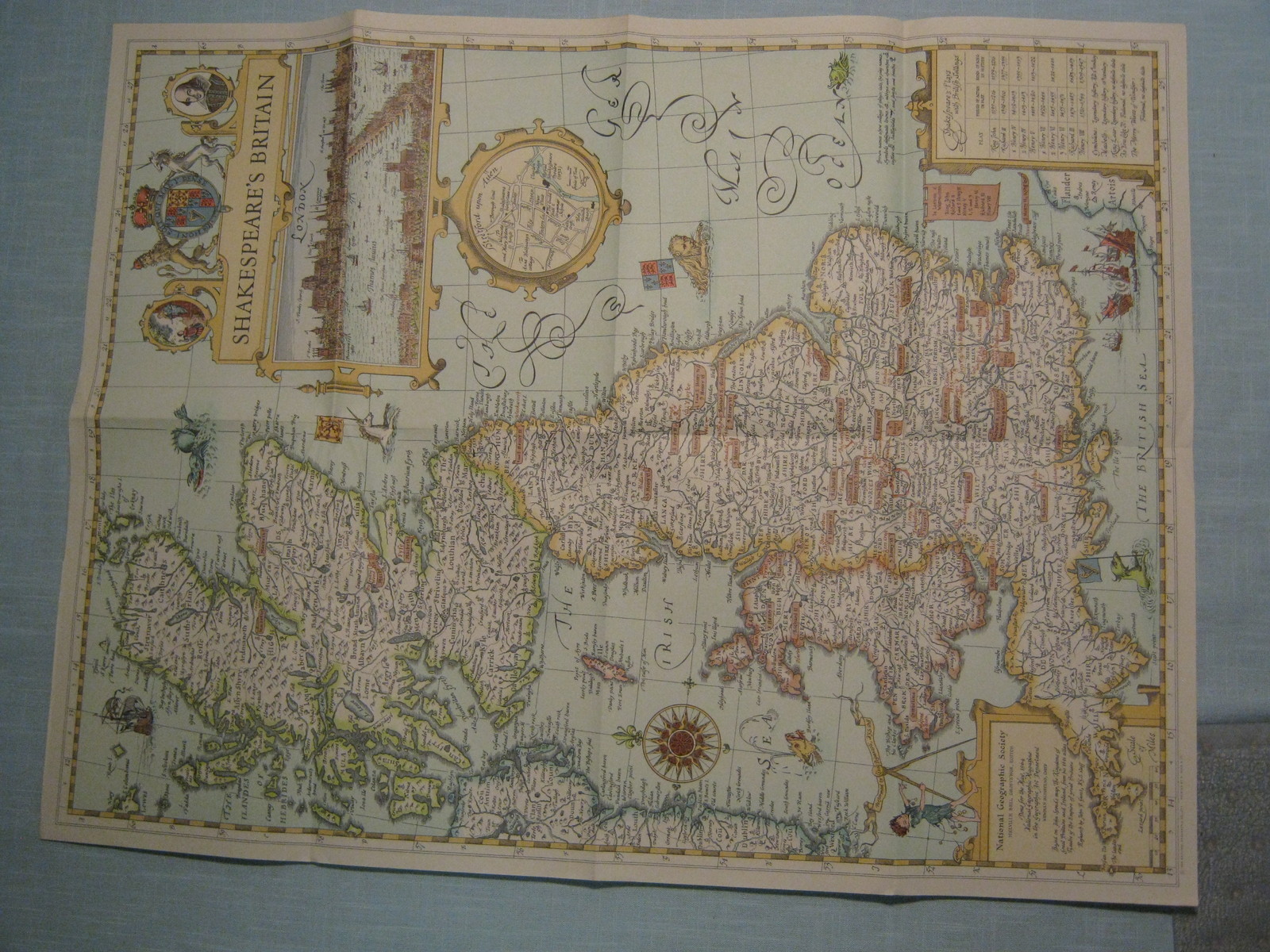 VINTAGE SHAKESPEARE\'S BRITAIN WALL MAP National Geographic May 1964