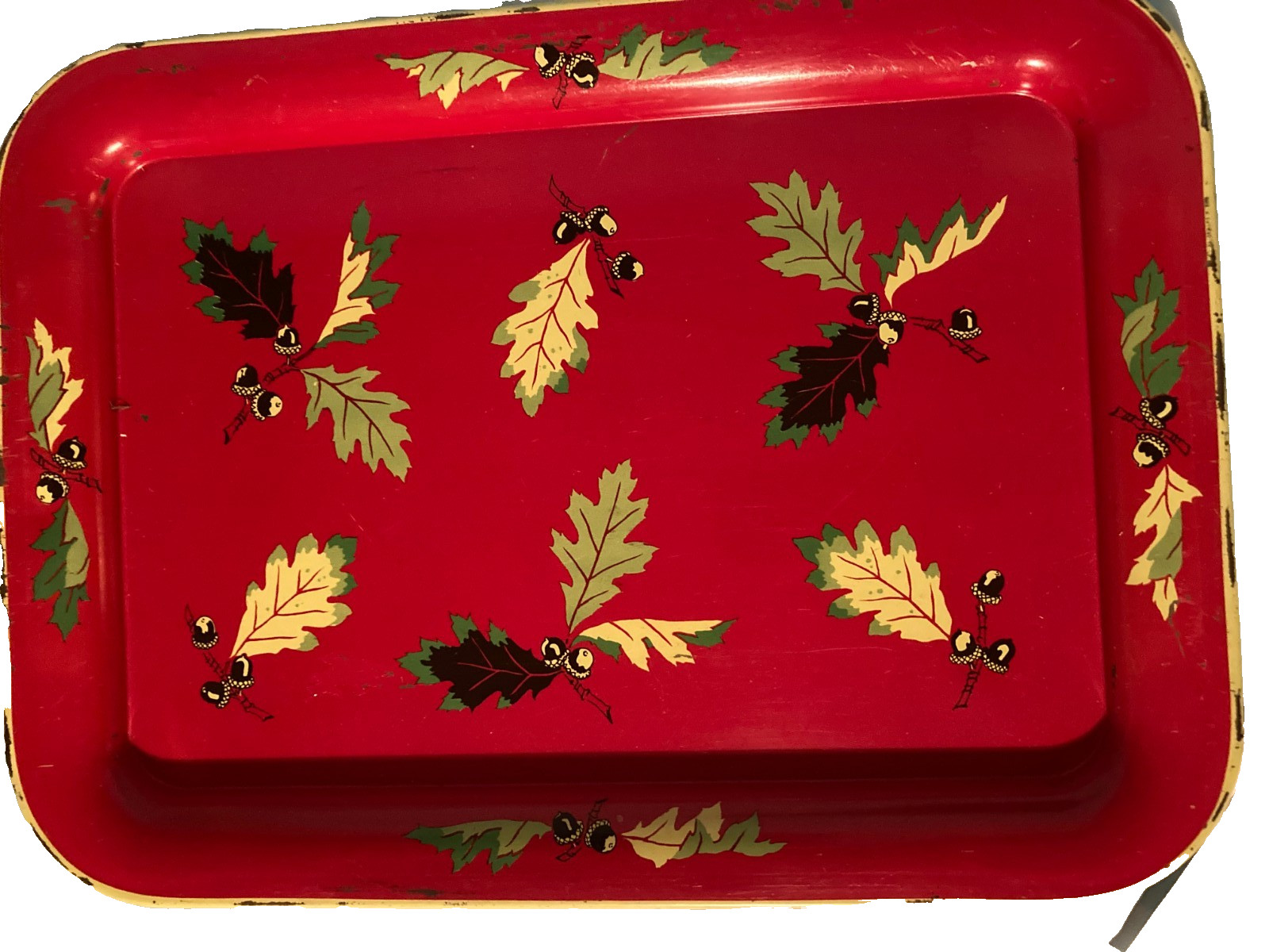 Vintage Red Metal Serving Tray with Oak Leaf and Acron Pattern - USED