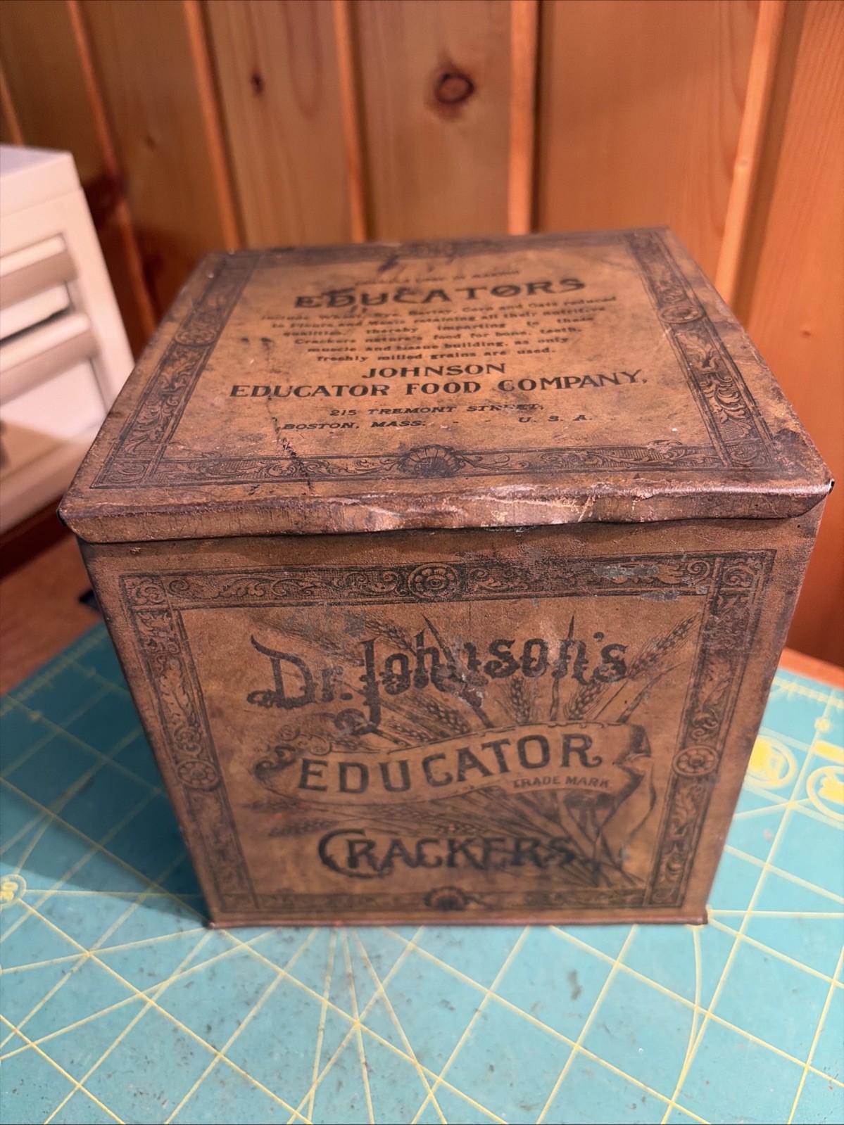 Vintage Dr. Johnson's Educator Crackers Advertising Hinged Tin Square Box