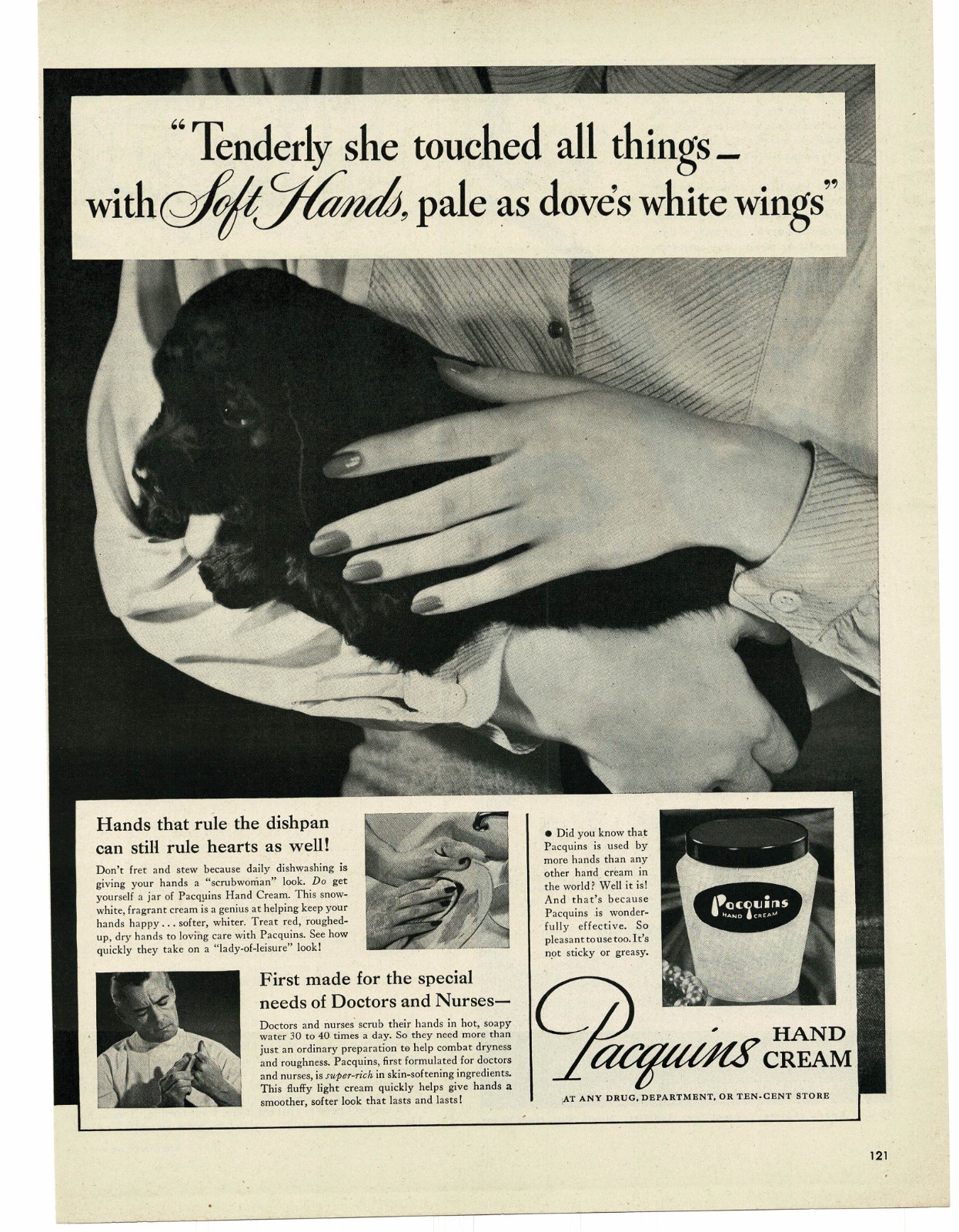 1946 Pacquin\'s Hand Cream woman holding puppy Vintage Print Ad