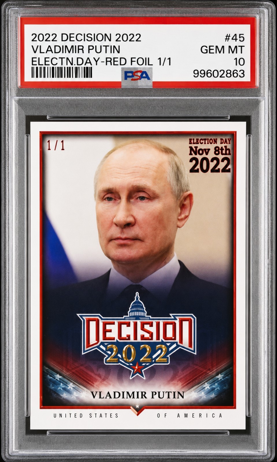 2022 Leaf Decision #45 Vladimir Putin Red Foil Rookie RC 1/1 PSA 10 Gem Mint