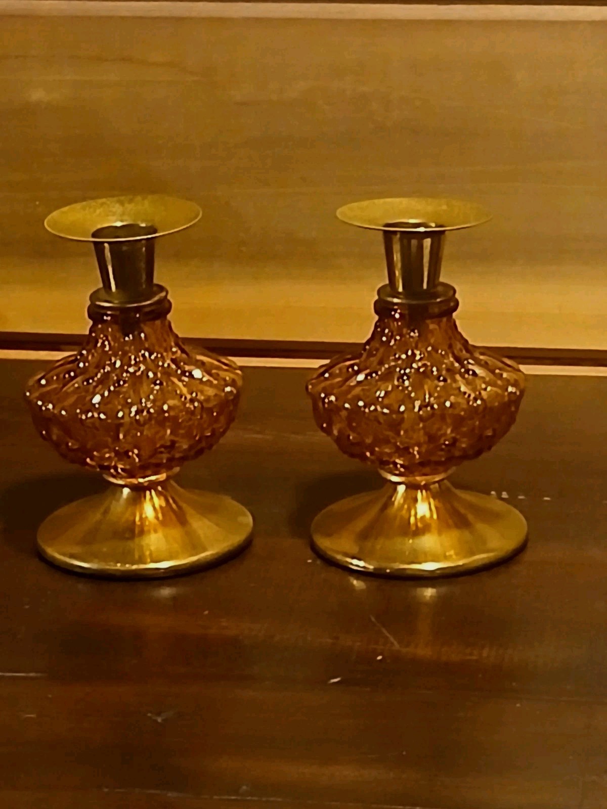 Vtg Mid Century Amber Glass Candlesticks Pair Hollywood Regency Bubble Textured