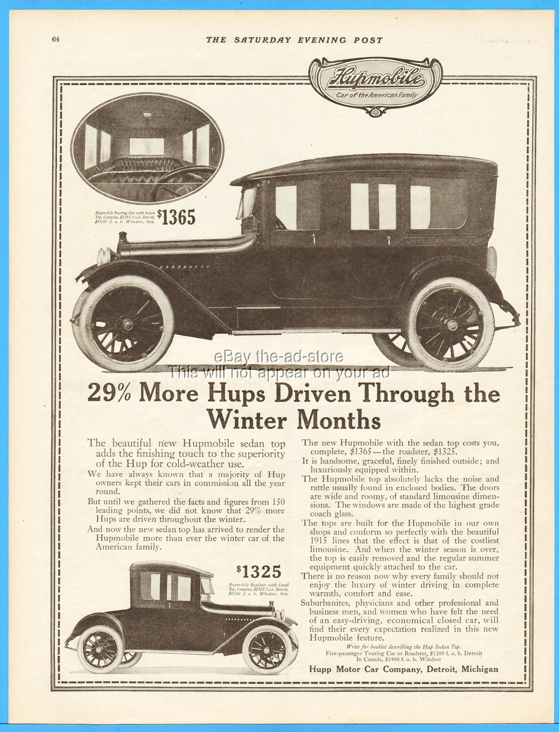 1914 Hupp Motor Car Co Detroit MI Hupmobile Roadster Touring Car Vintage Ad