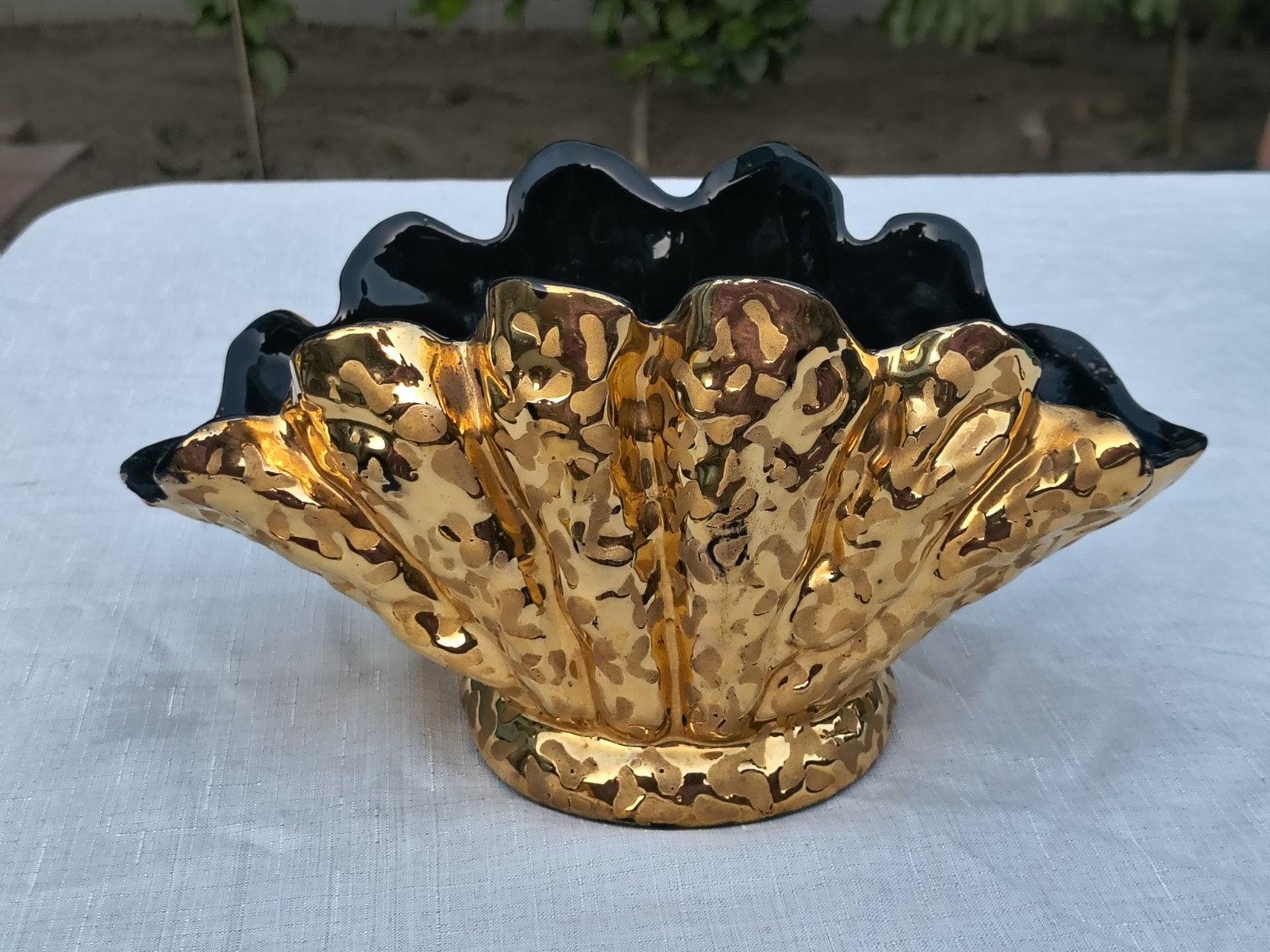 Vintage Ceramic Vase Gilded 24K Gold Luster Shell Shaped 1950s