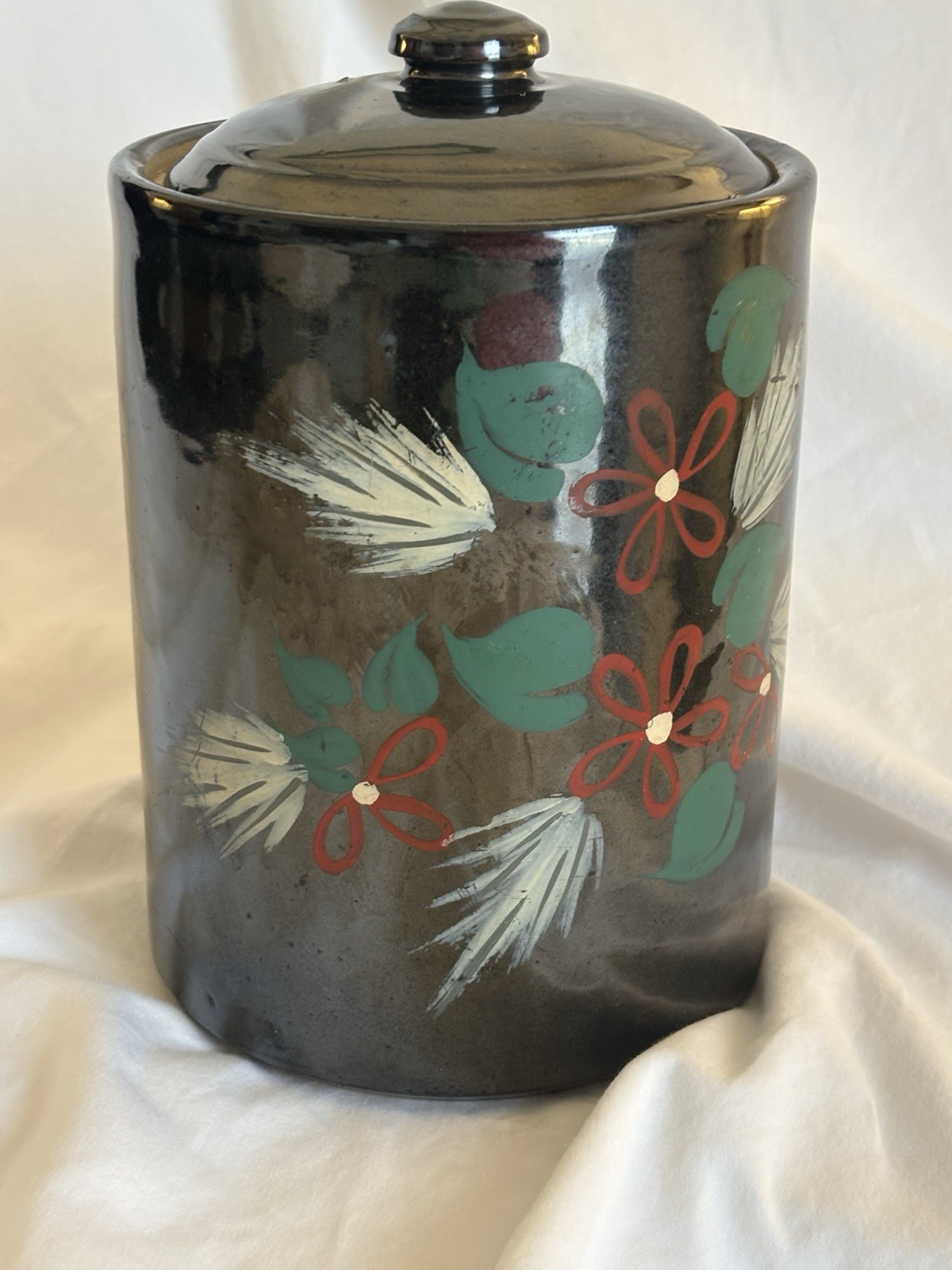 Antique Black Cookie Jar w/Fitted Lid R.R.P. Co. Ohio Pottery Glossy, 10.5”H EUC