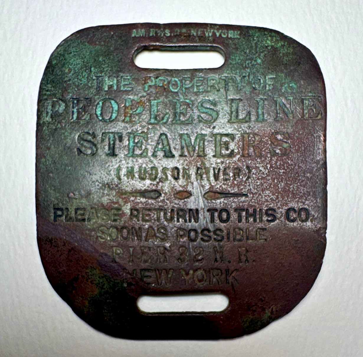 Antique People’s Line Steamers Brass Baggage Tag Hudson River Pier 32 NY Albany