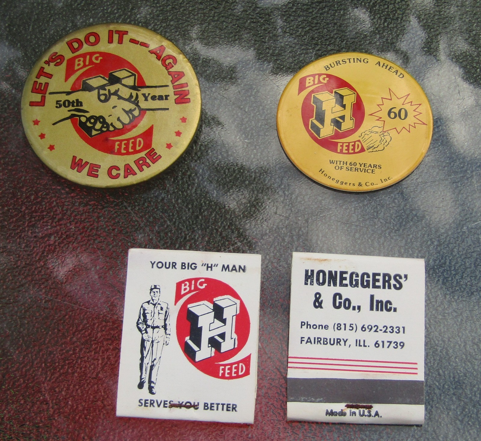 (4) Vintage Honneggers Big H Feed Advertising Items UNUSED Fairbury Illinois 