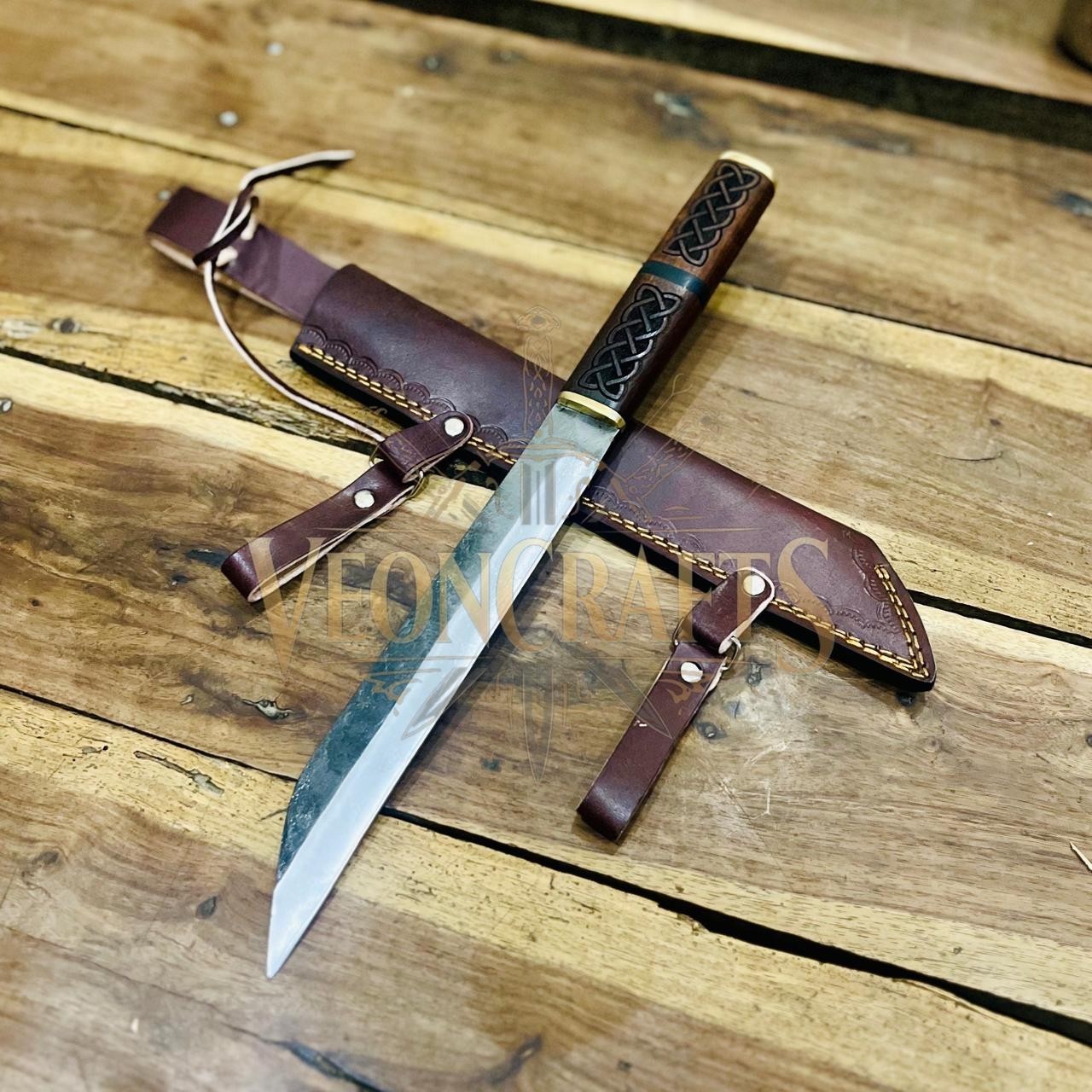 Hand Forged Viking Seax Knife Celtic Knot Rose Wood Handle & Leather Sheath Hand Forged Viking Seax Knife Celtic Knot Rose Wood Handle & Leather Sheath