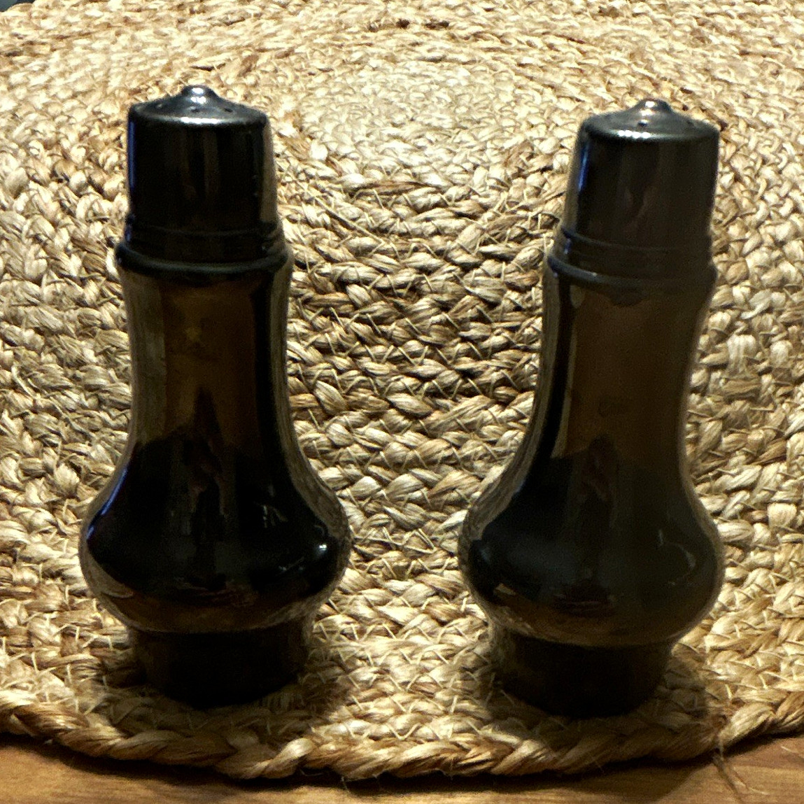 Vintage Brown Glass Salt & Pepper Shakers Set of 2 w/ Metal Tops, Marked US