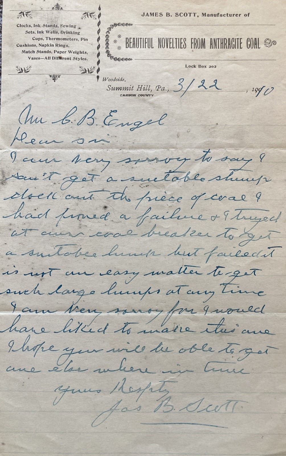 1910 Summit Hill Pennsylvania Carbon County Novelties Of Anthracite Coal Letter 1910 Summit Hill Pennsylvania Carbon County Novelties Of Anthracite Coal Letter