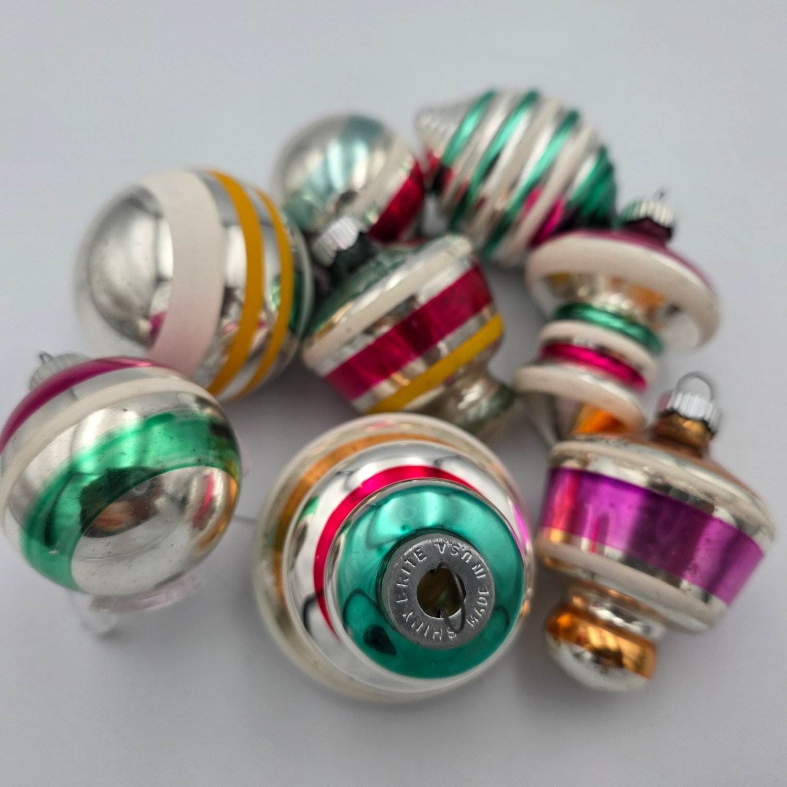 Vintage Shiny Brite Glass Christmas Ornaments Multicolor Stripes & Shapes Set Of Vintage Shiny Brite Glass Christmas Ornaments Multicolor Stripes & Shapes Set Of