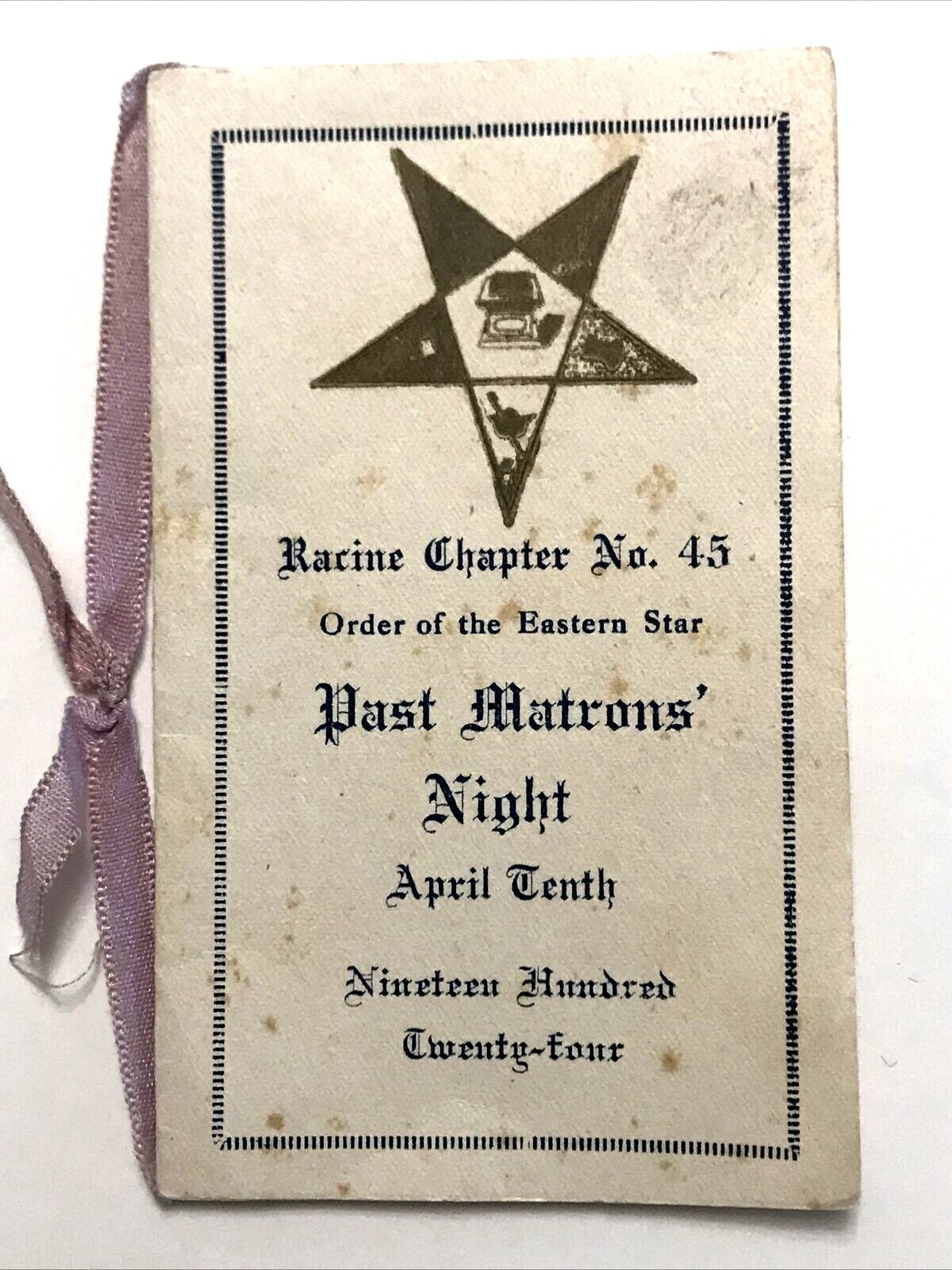 1924 Order of the Eastern Star Racine Chapter No 45 Matron's Night Menu Program