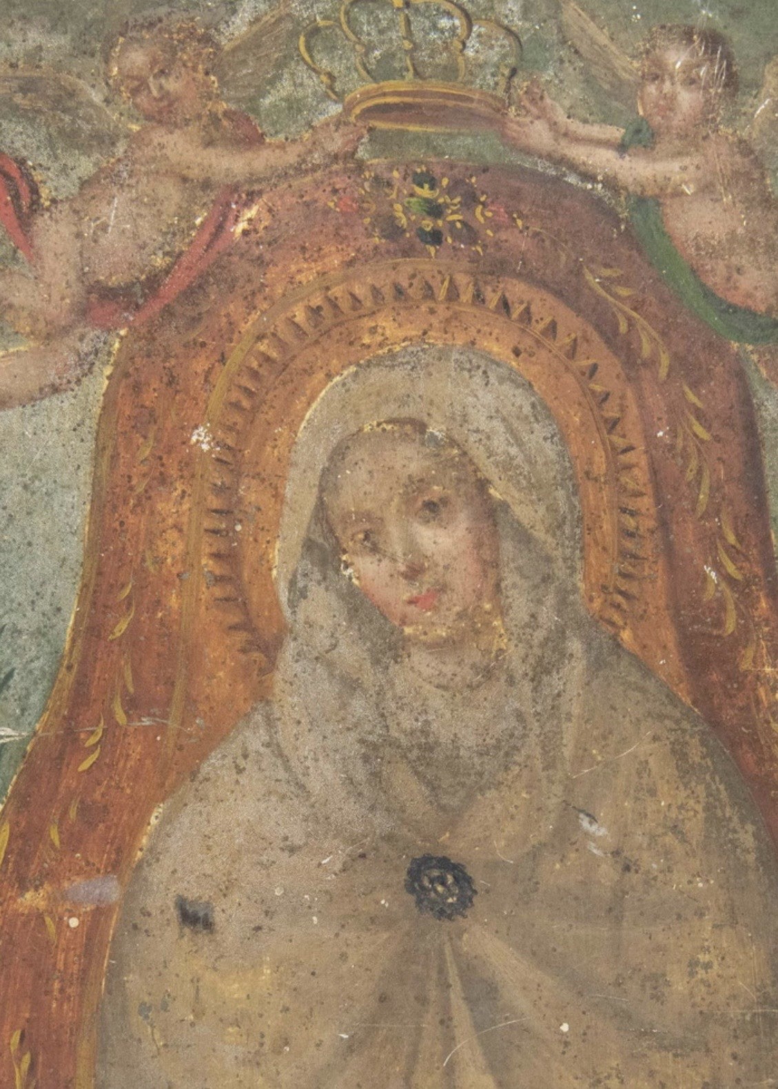 Retablo, 1800’s Oil Painting on Tin, Blessed Mother Mary , Guardian Angels,