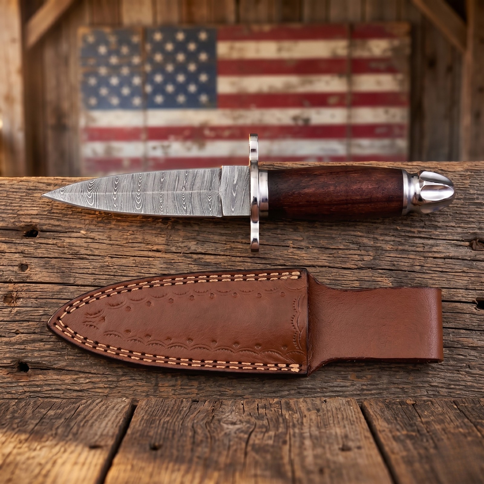 Hand-Forged Twist Damascus Dagger - Rosewood Handle Fluted Pommel & Sheath