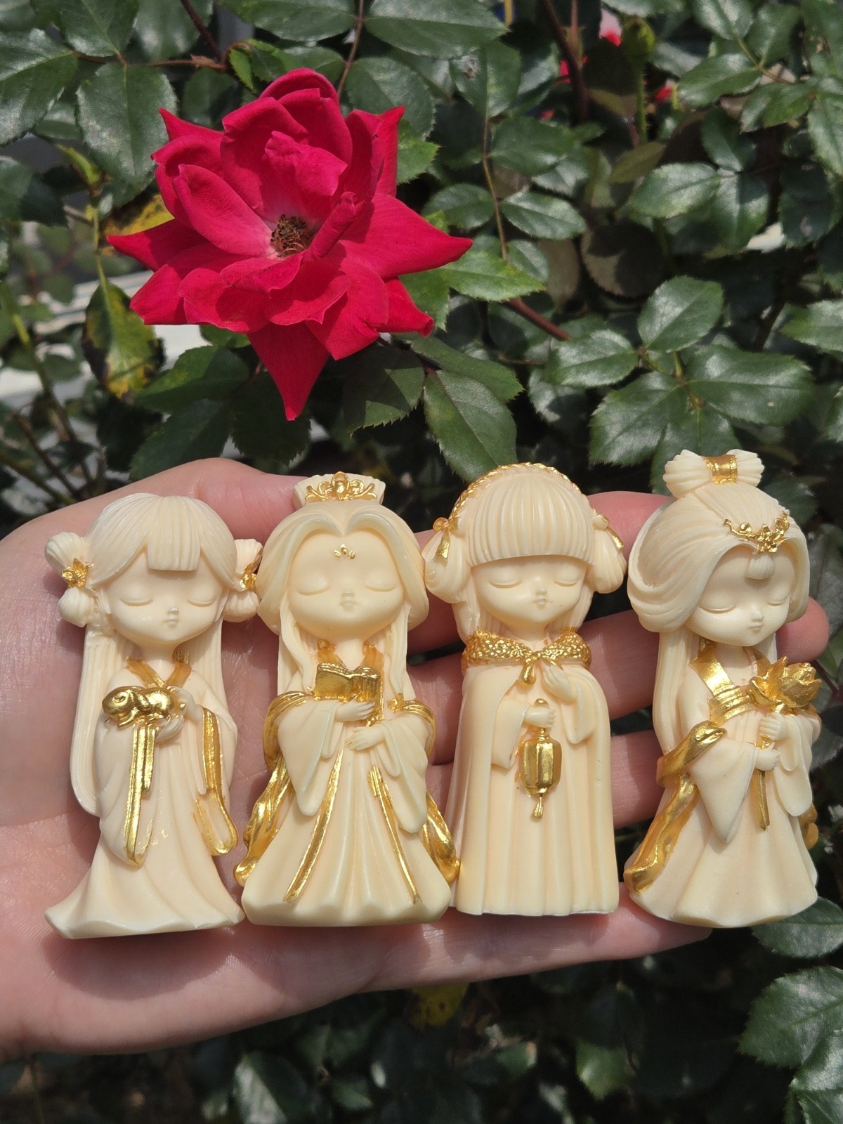 Golden Hand Painted Tagua Nut 4 Piece Pretty Girl Figurine Wearing...