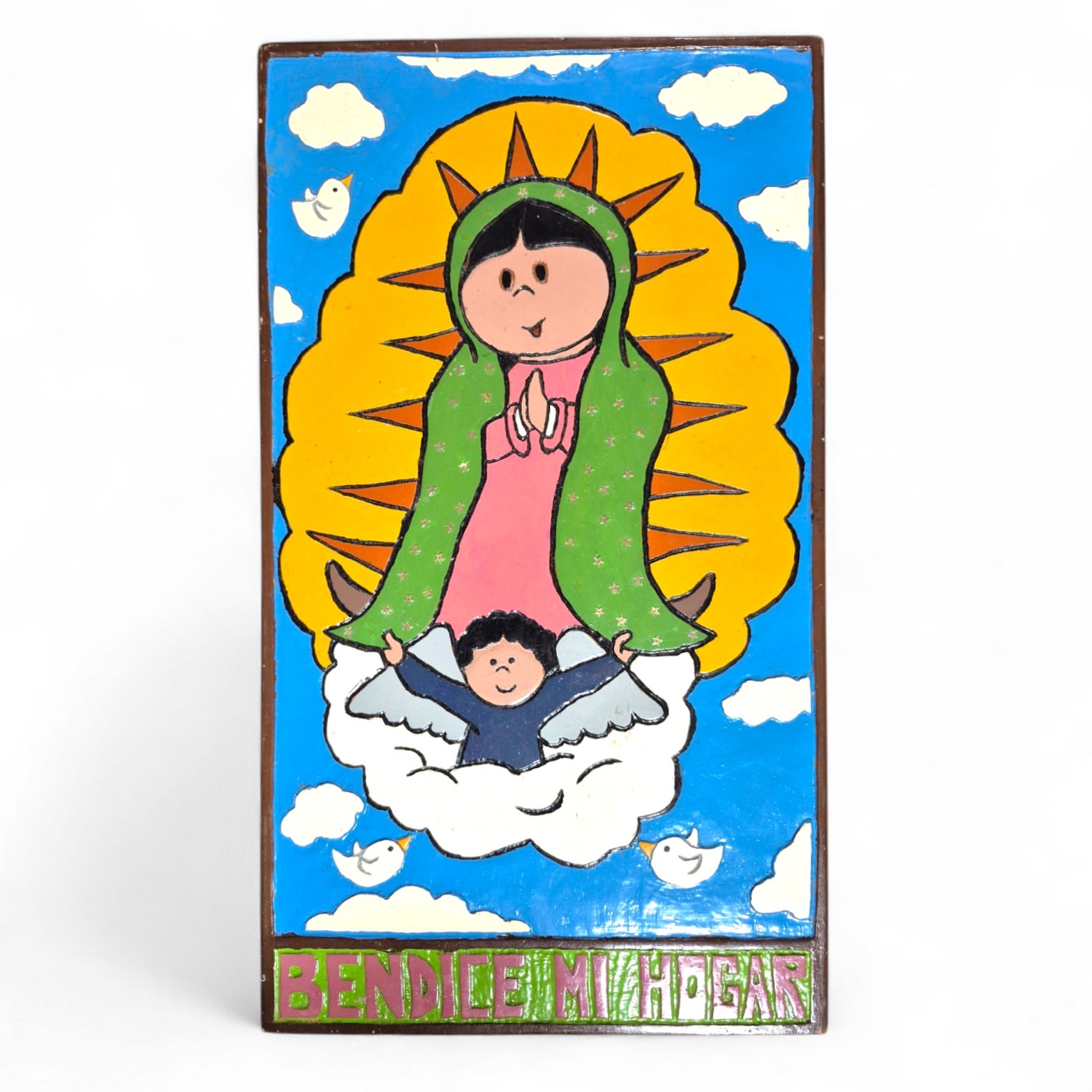VTG MCM Mexican Folk Art Virgen de Guadalupe Wooden Plaque “Bendice Mi Hogar”