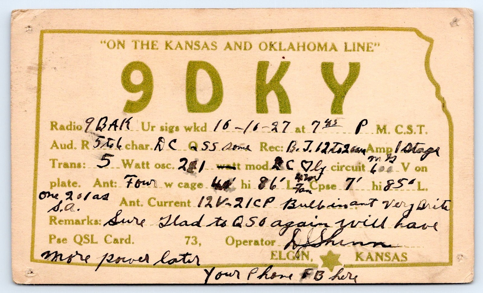 1927 Elgin KS Chautauqua County D.J. Shinn 9DKY ARRL Vintage QSL Ham Radio Card 1927 Elgin KS Chautauqua County D.J. Shinn 9DKY ARRL Vintage QSL Ham Radio Card