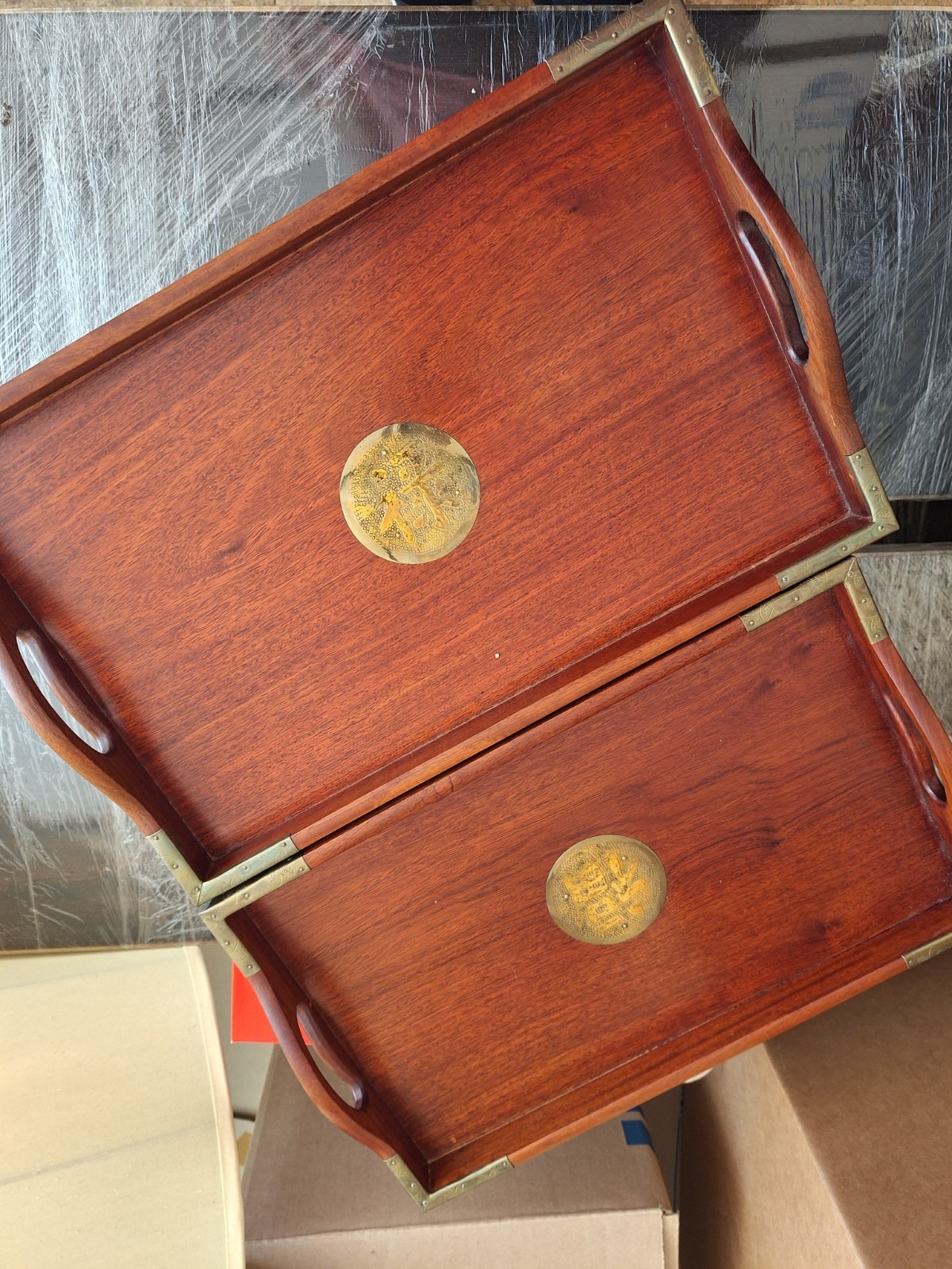 Two vintage asian serving trays