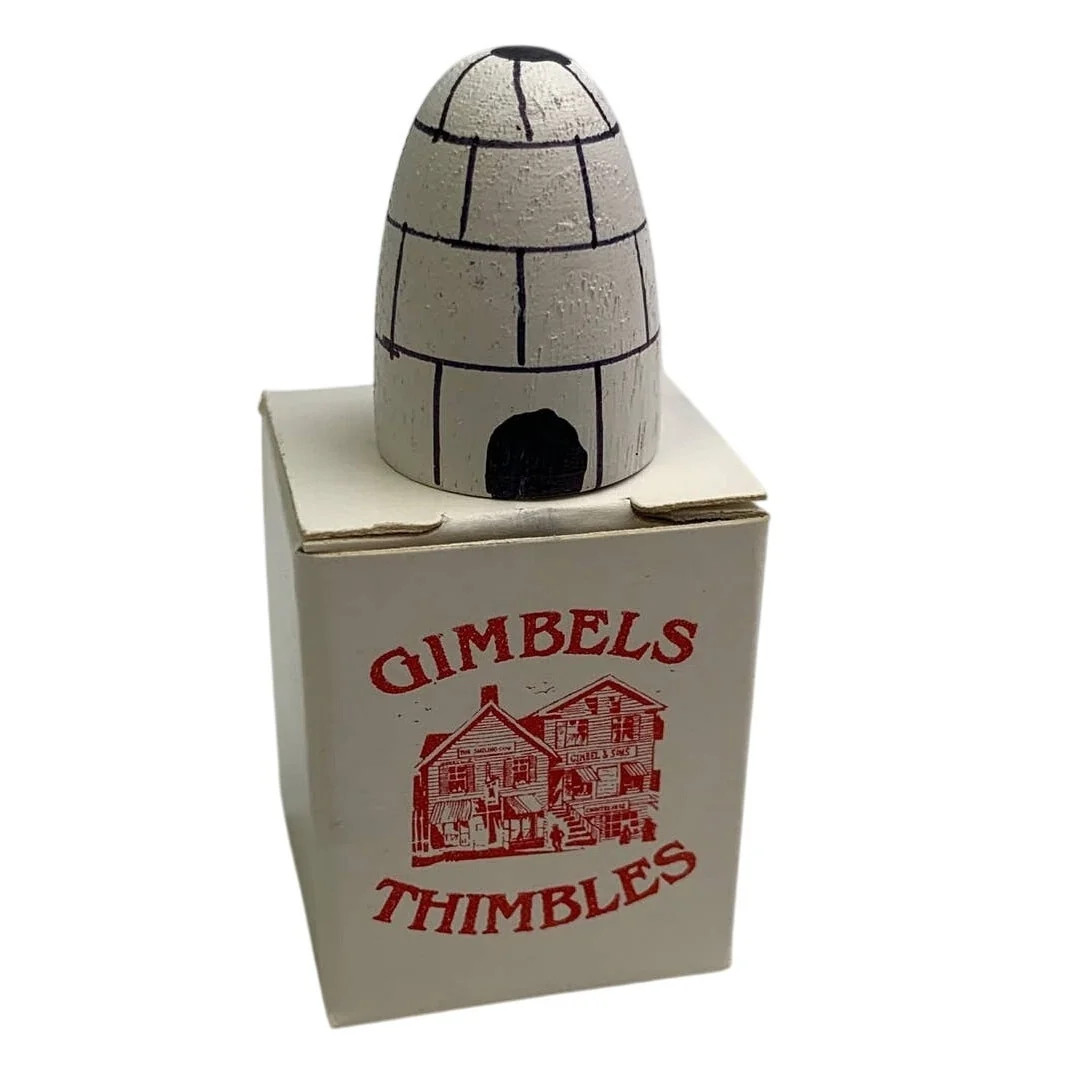 Vintage Gimbels Thimbles Hand-Carved Painted Wooden Igloo Thimble with Box