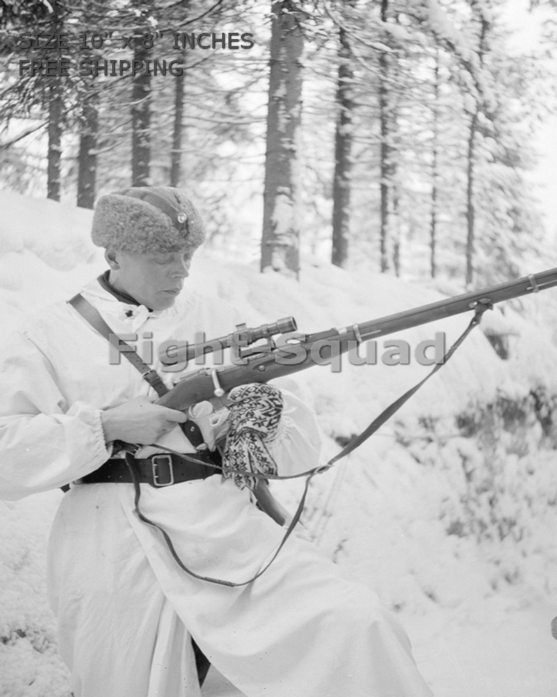 WW2 8x10 Photo Finnish officer in winter camouflage with captured Soviet O3690