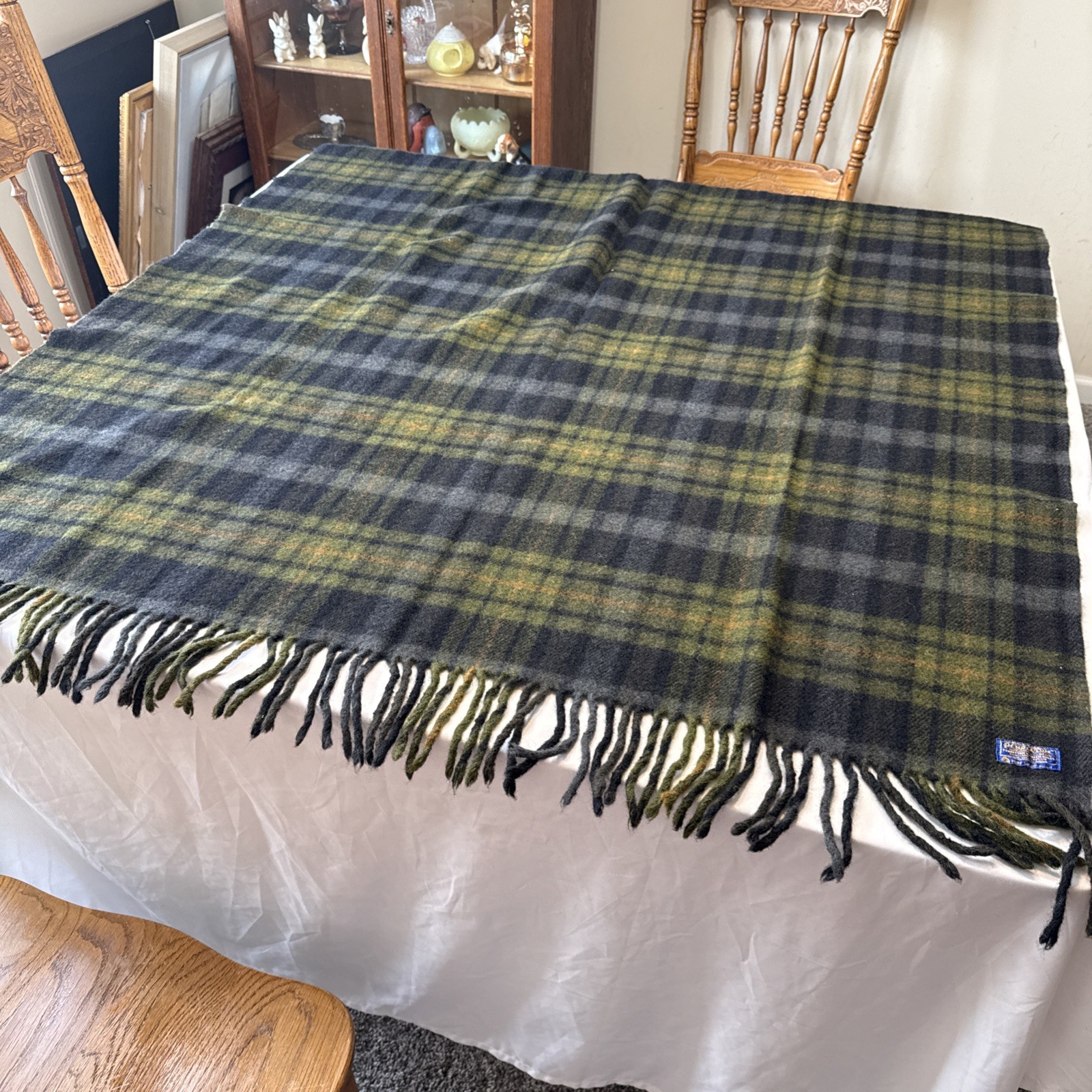Vintage Pendleton Throw Wool Blanket Plaid With Fringes Green Blue 66”x47 Vintage Pendleton Throw Wool Blanket Plaid With Fringes Green Blue 66”x47