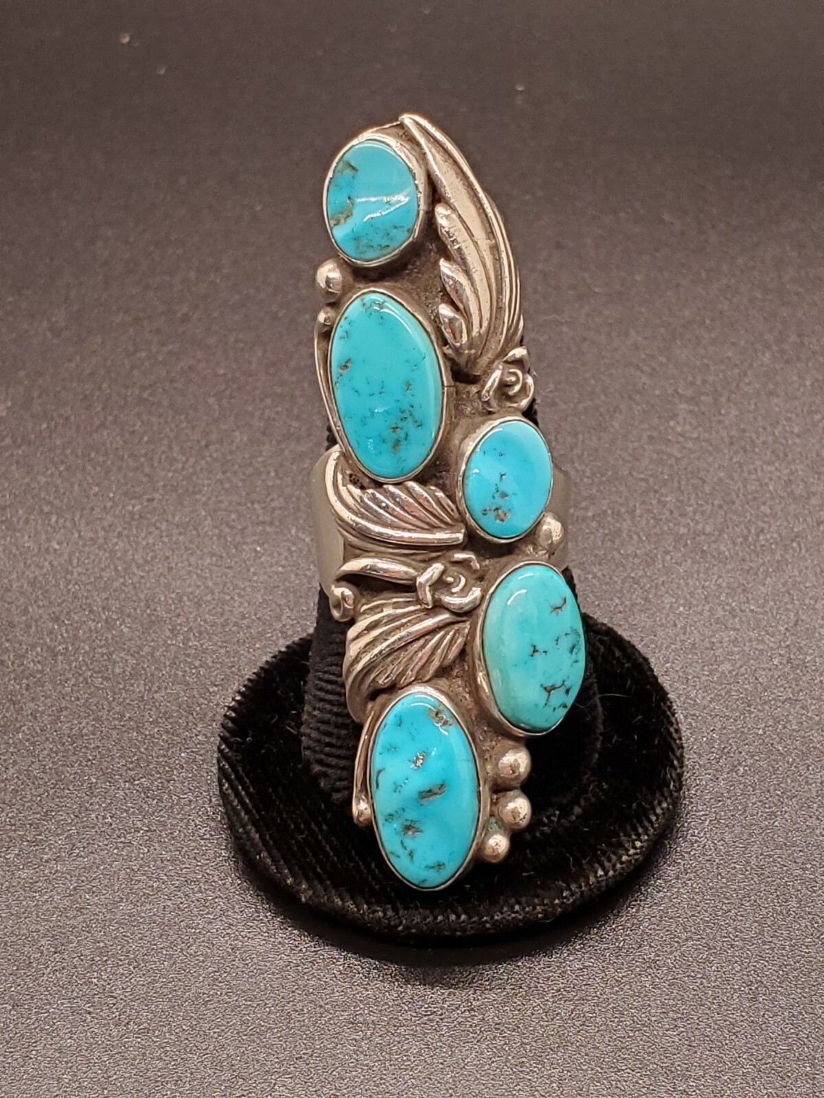 Navajo Sz 9.5 Turquoise/Onyx 5 Stone Ring Silver Collectible Native American