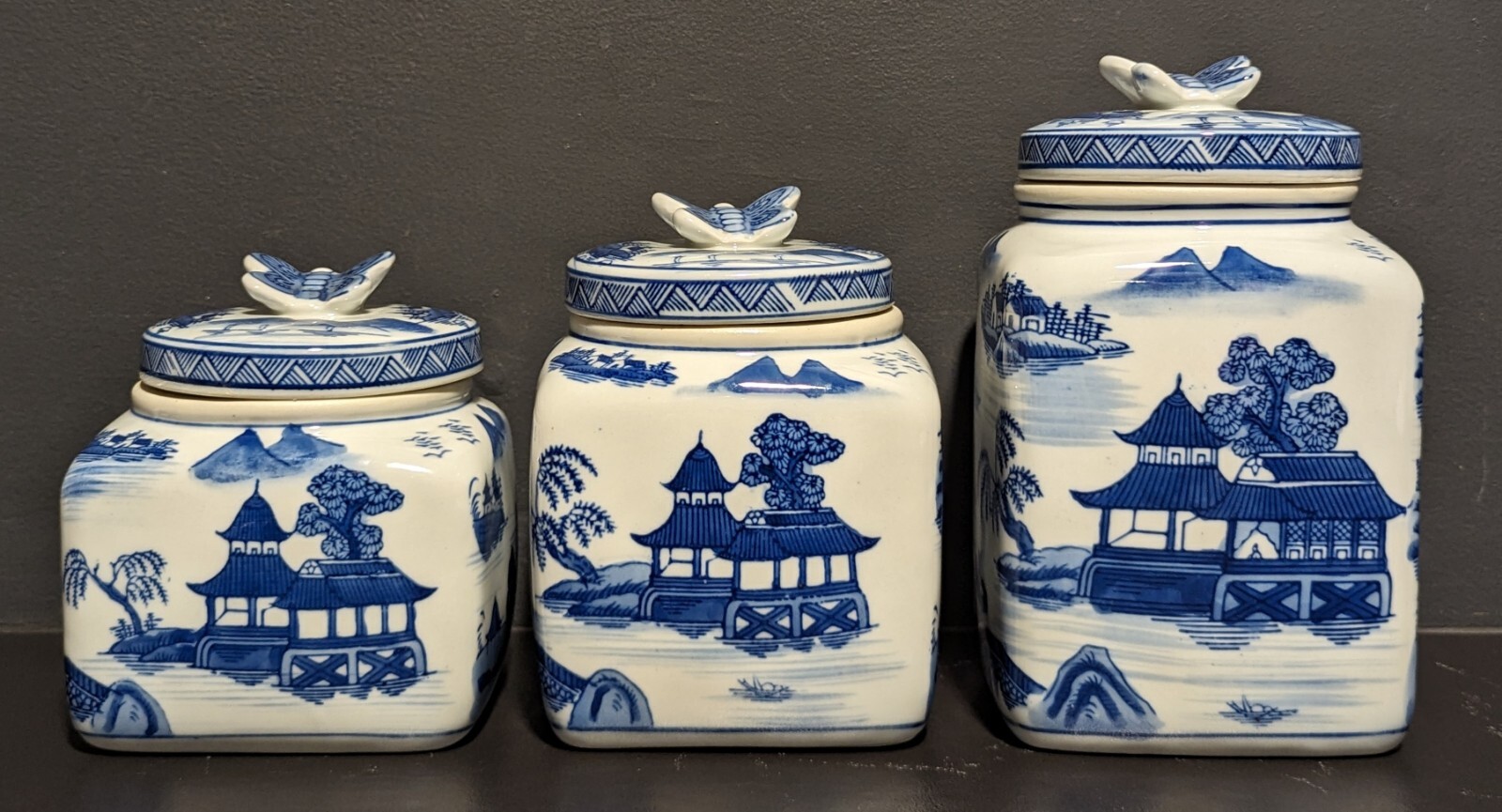 Set of 3 Vtg Chinese Blue & White Oriental Graphic Container Jars Butterfly Lid