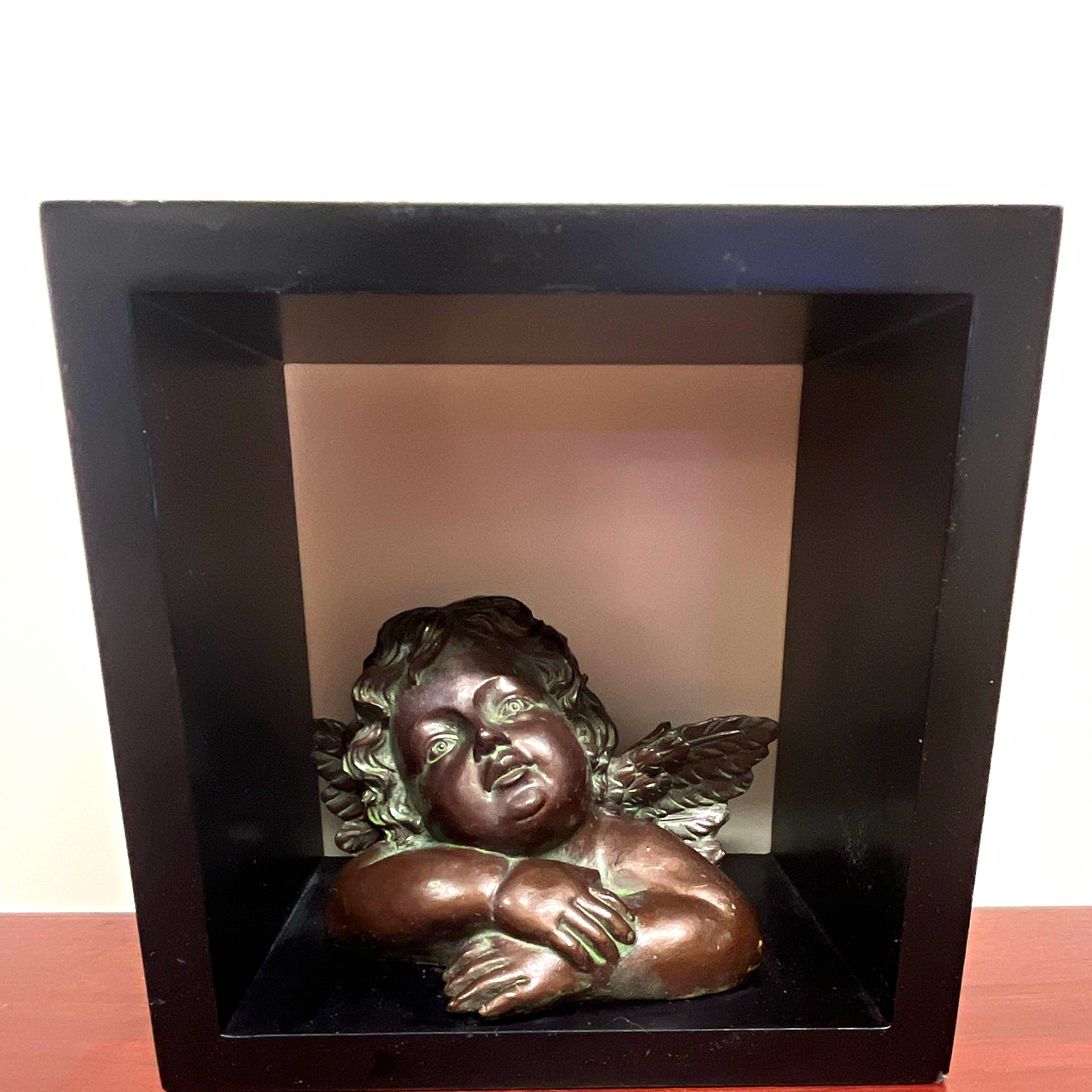 Cherub Angel Wall Shadow Box Figurine, Black Frame Bronze Metallic Metal Wood