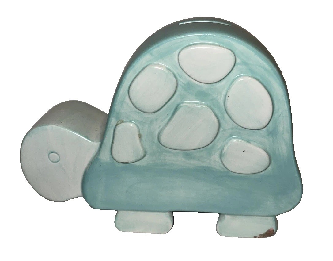 Cute Vintage Green Turtle Piggy Bank Figurine Ceramic