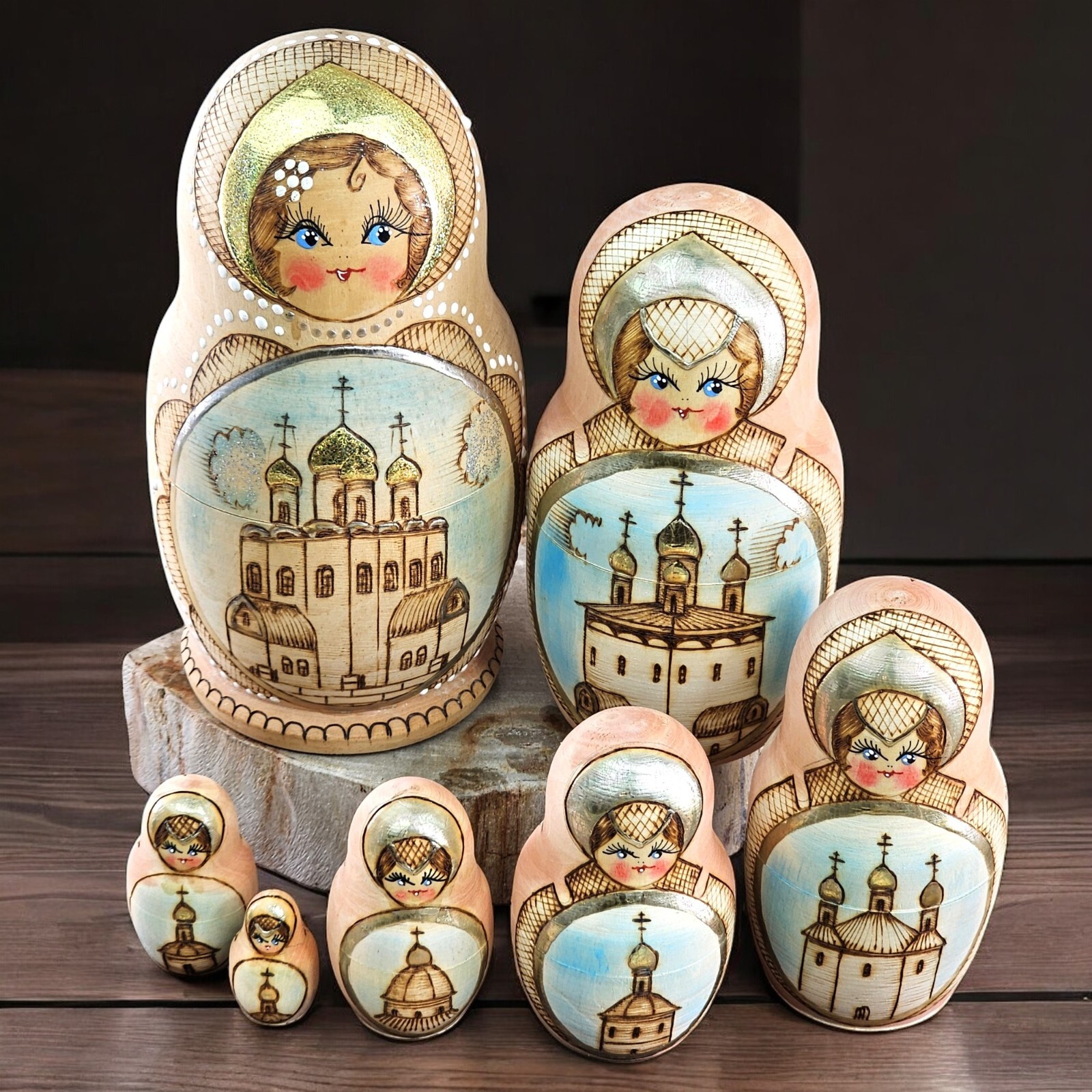 VTG Matryoshka Russian Wooden Nesting Dolls Blonde Gold Gilt Artist Signed Set 7