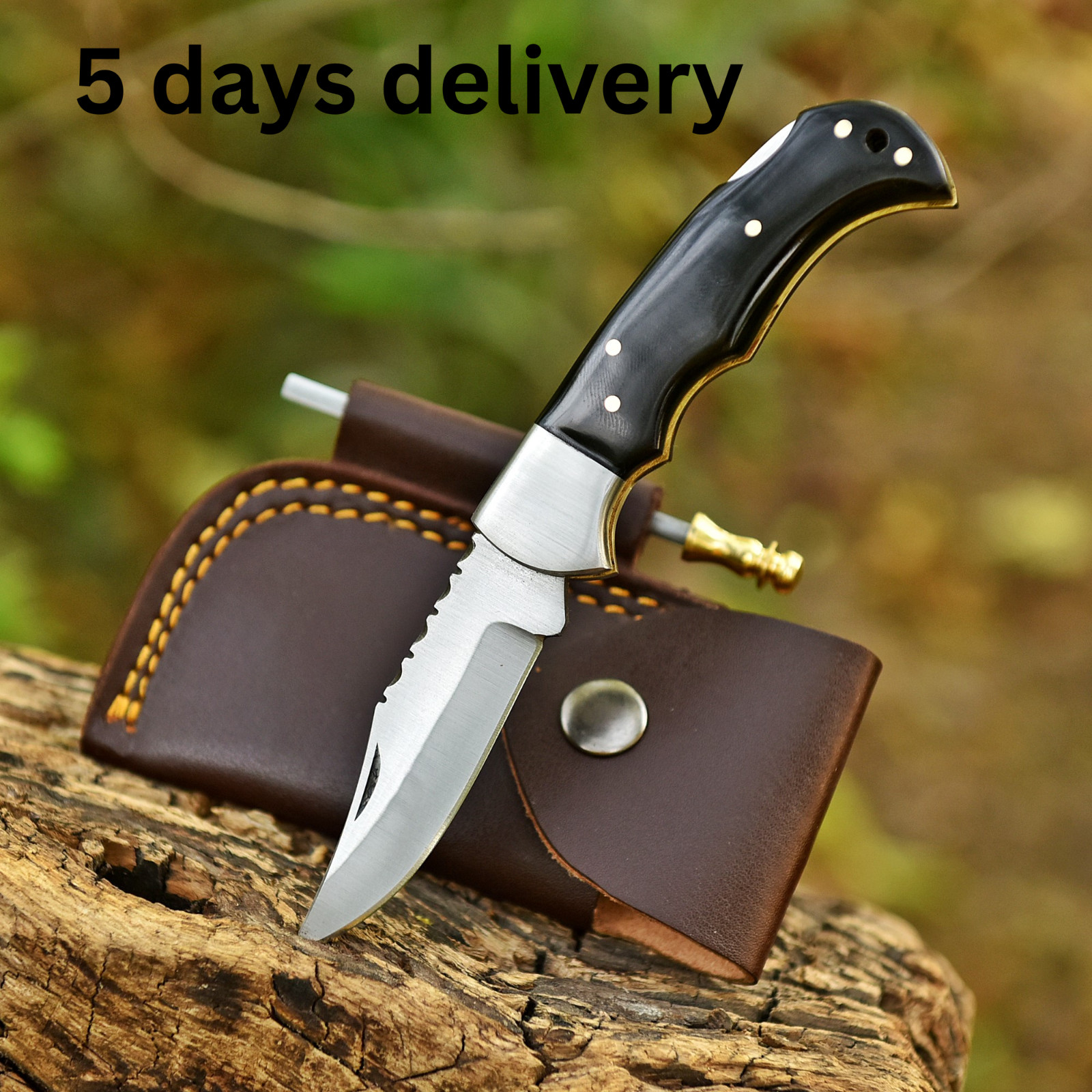 Handmade 6.7in Damascus Steel Folding Knife,Pocket knife w/Leather Sheath