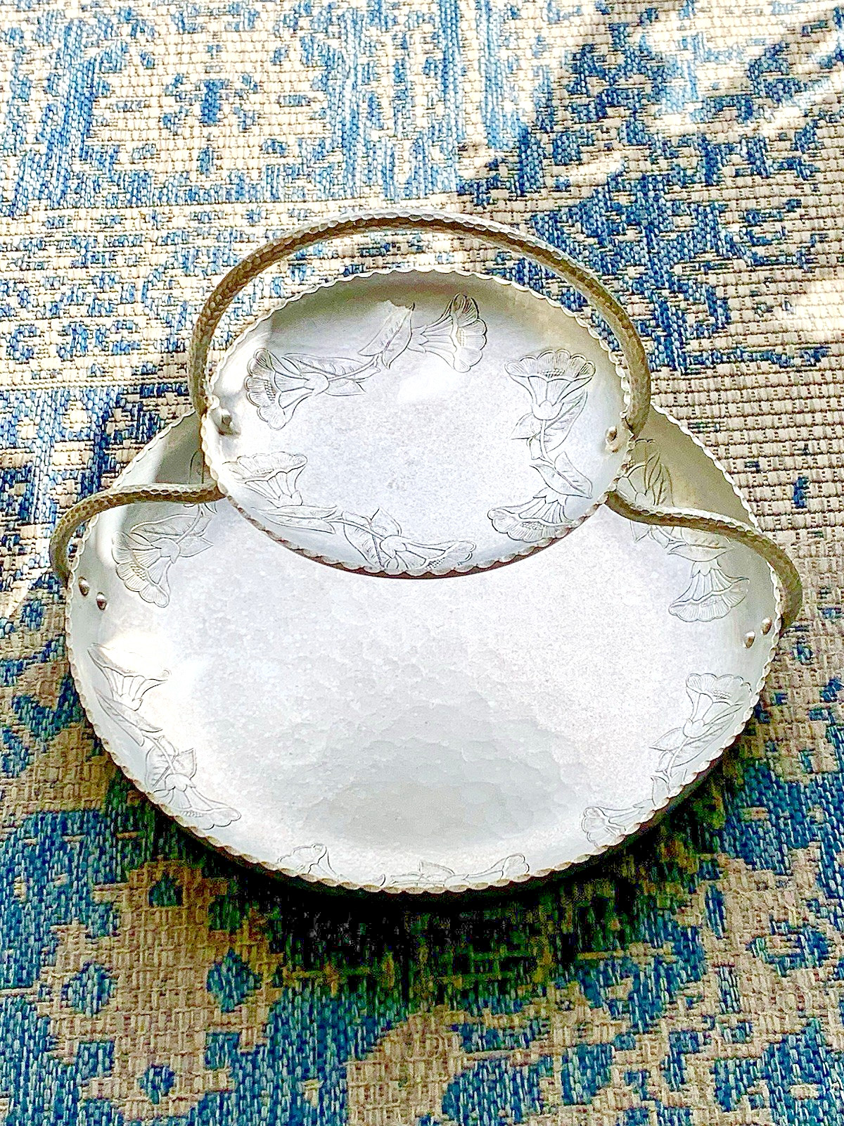 Vintage Farberware Hammered Aluminum 2 Tier Serving Tray Morning Glory 13.5” MCM
