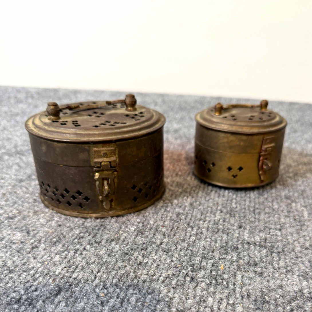 Antique Asian Brass Hand Warmers Brazier Incense Burners Pierced Pair Chinese