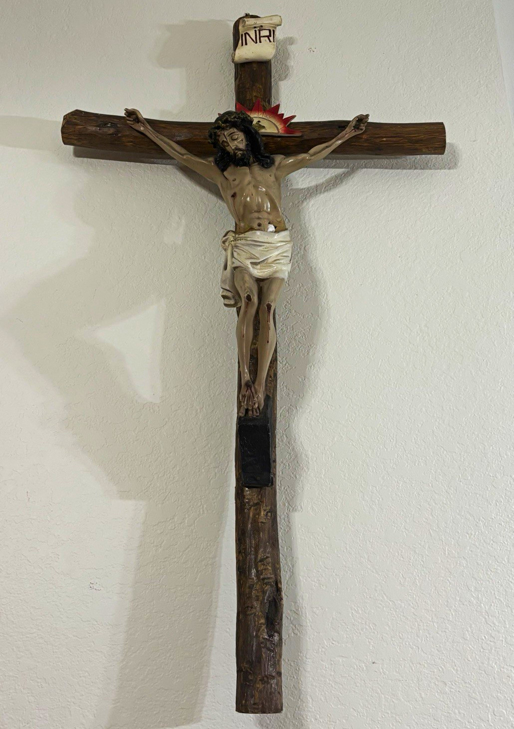 Wood Christian Crucifix Cross Wall Hanging with Jesus Corpus INRI Inscription