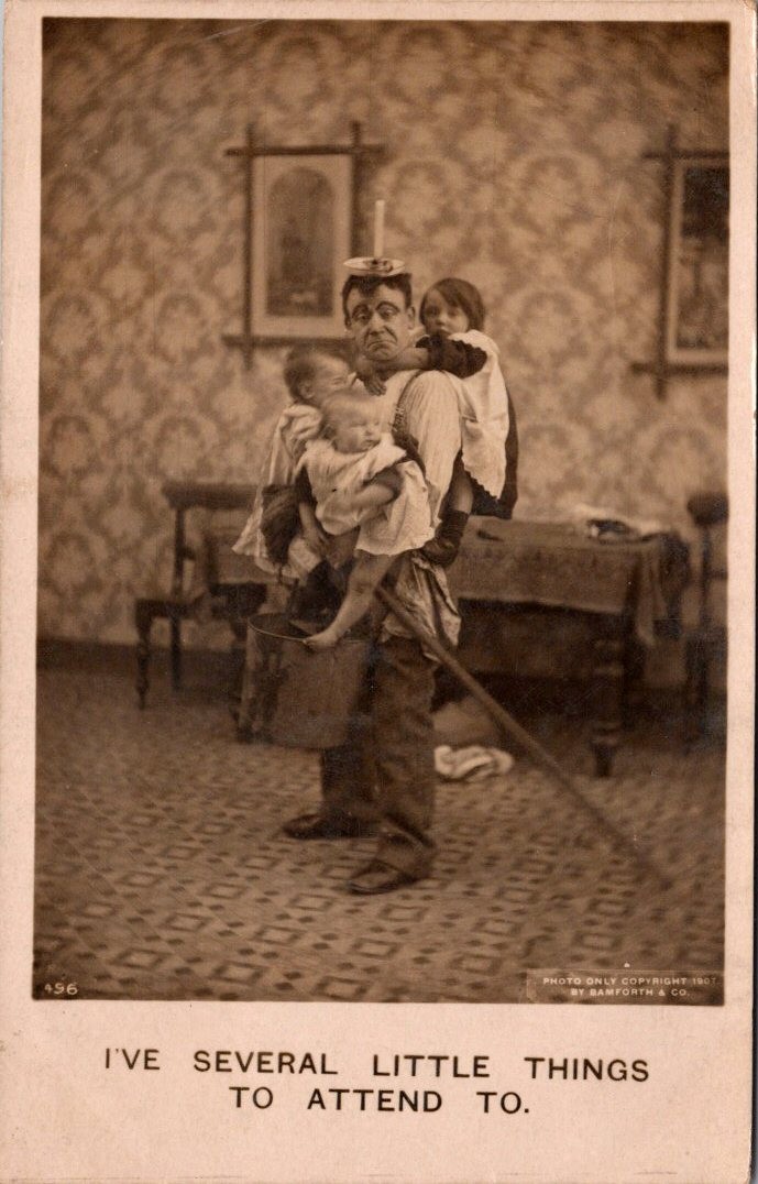SEVERAL LITTLE THINGS Man With Children Climbing Him HUMOR rppc c1912 Postcard