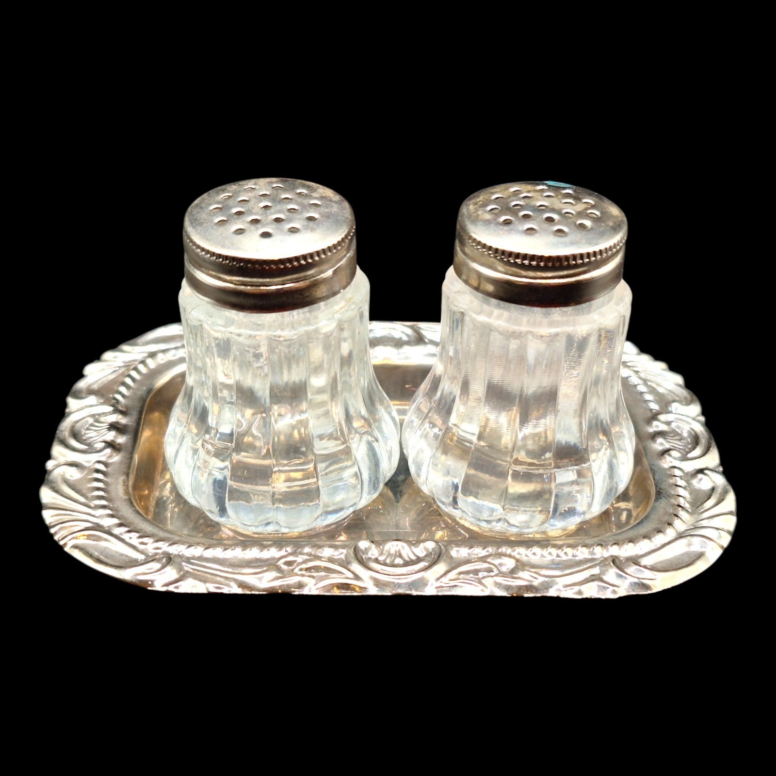 Vintage Individual Mini Salt and Pepper Shaker Set with Silverplate Tray 3 3/4
