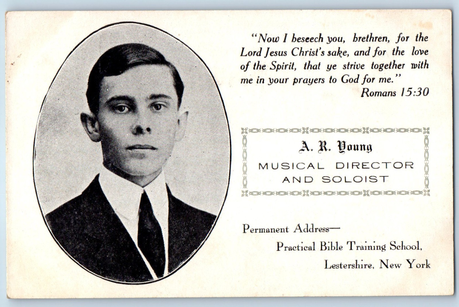c1910\'s A R Young Musical Director And Soloist Bible Training School Postcard