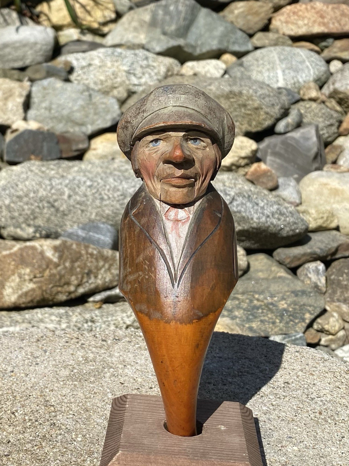 Antique Anri Italy Mechanical Hand Carved Painted Wood Nutcracker Man in Cap EX+