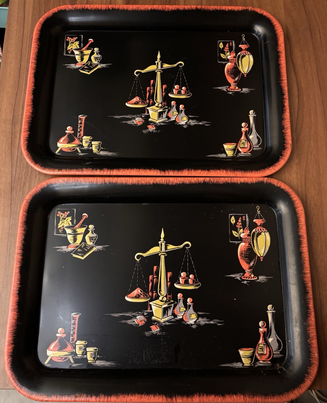 VTG MCM Tin Metal Serving TV Lap Tray Apothecary Alchemist Herbs SET OF 2 Black