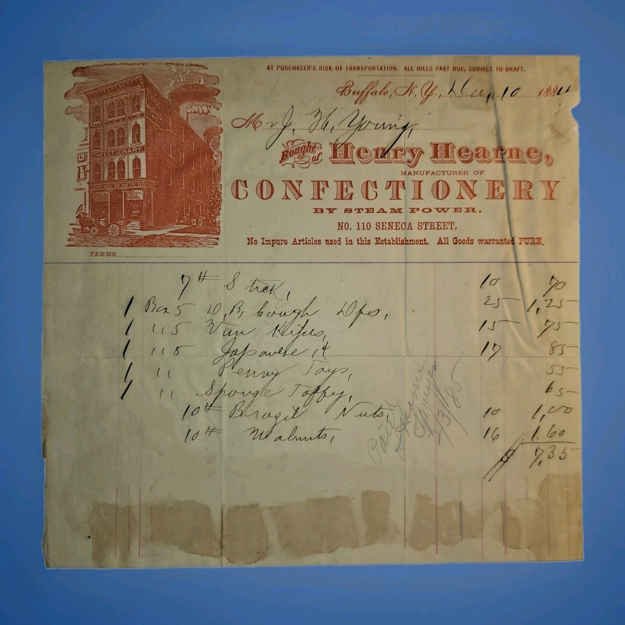 1882 Henry Hearne Buffalo NY Illustrated Confectionery Billhead J.H. Young