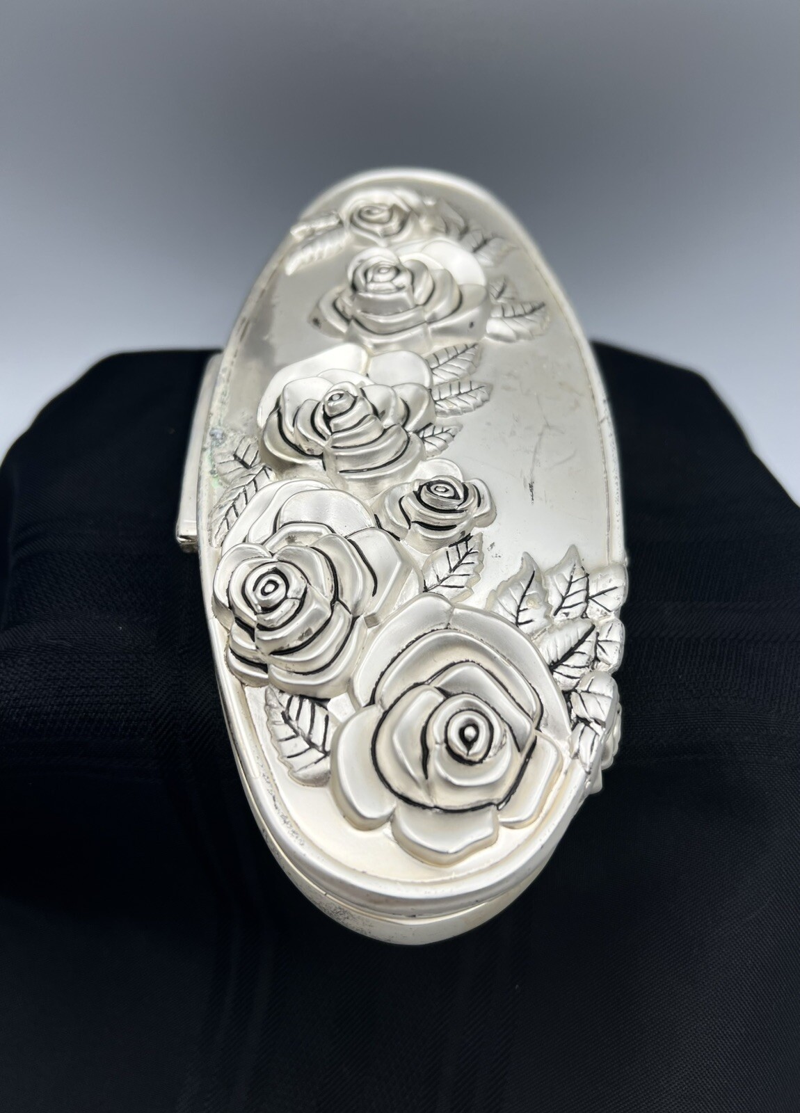 Godinger Silver Art Co. Oval Rose/Floral Trinket Jewelry Box Red Velvet Lining