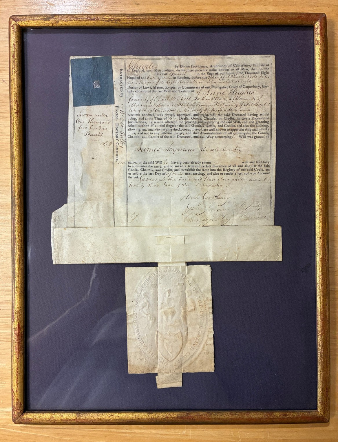 1827 Archbishop of Canterbury Probate Document Legal Court Seal Framed