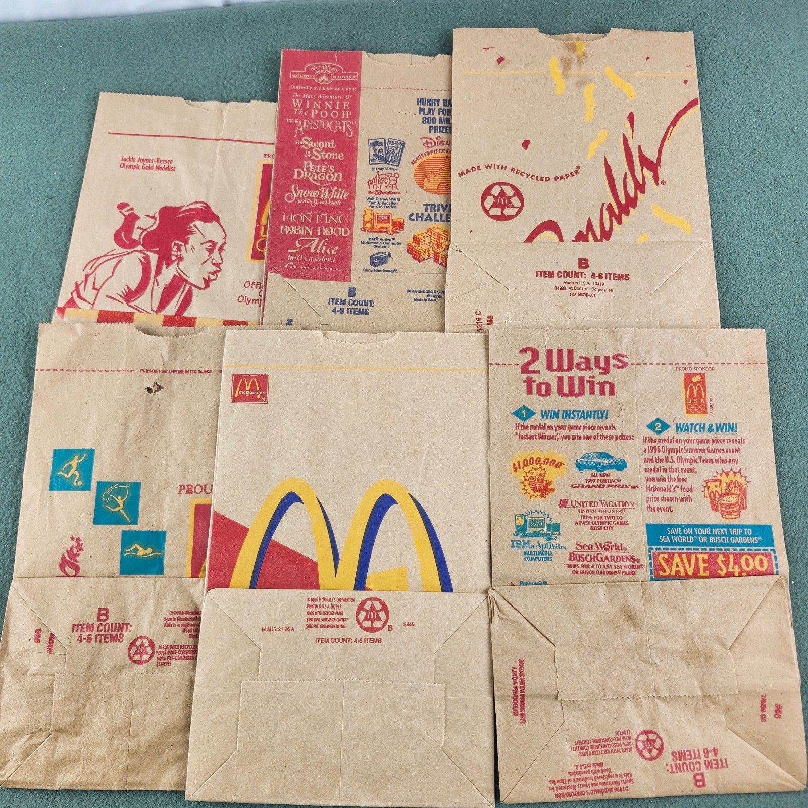 6x McDonald\'s 1996 Paper Take Out Brown Bags Vintage Olympics ABC TGIF