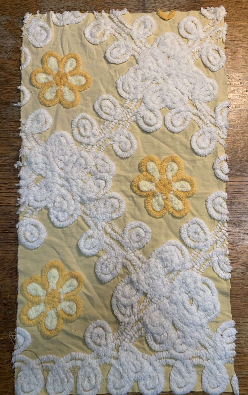 Vintage Fluffy Yellow Floral Chenille Bedspread FABRIC PIECE - 16” X 26” Vintage Fluffy Yellow Floral Chenille Bedspread FABRIC PIECE - 16” X 26”