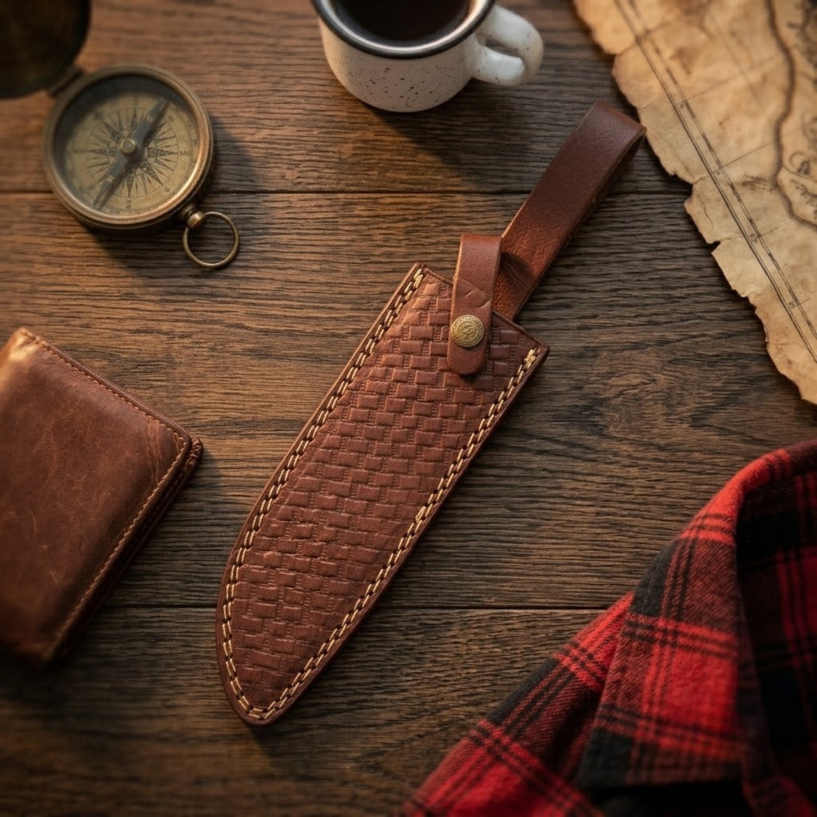 Custom Brown Leather Knife Sheath for 8 Inch Fixed Blade Belt Loop Basketweave