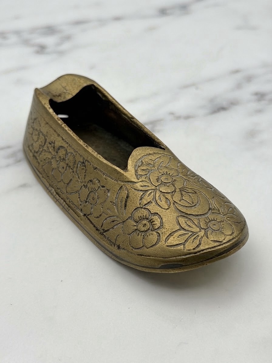 Vintage Brass Shoe Ashtray Slipper Ankara Turkey Hand Etched Floral Mid Century