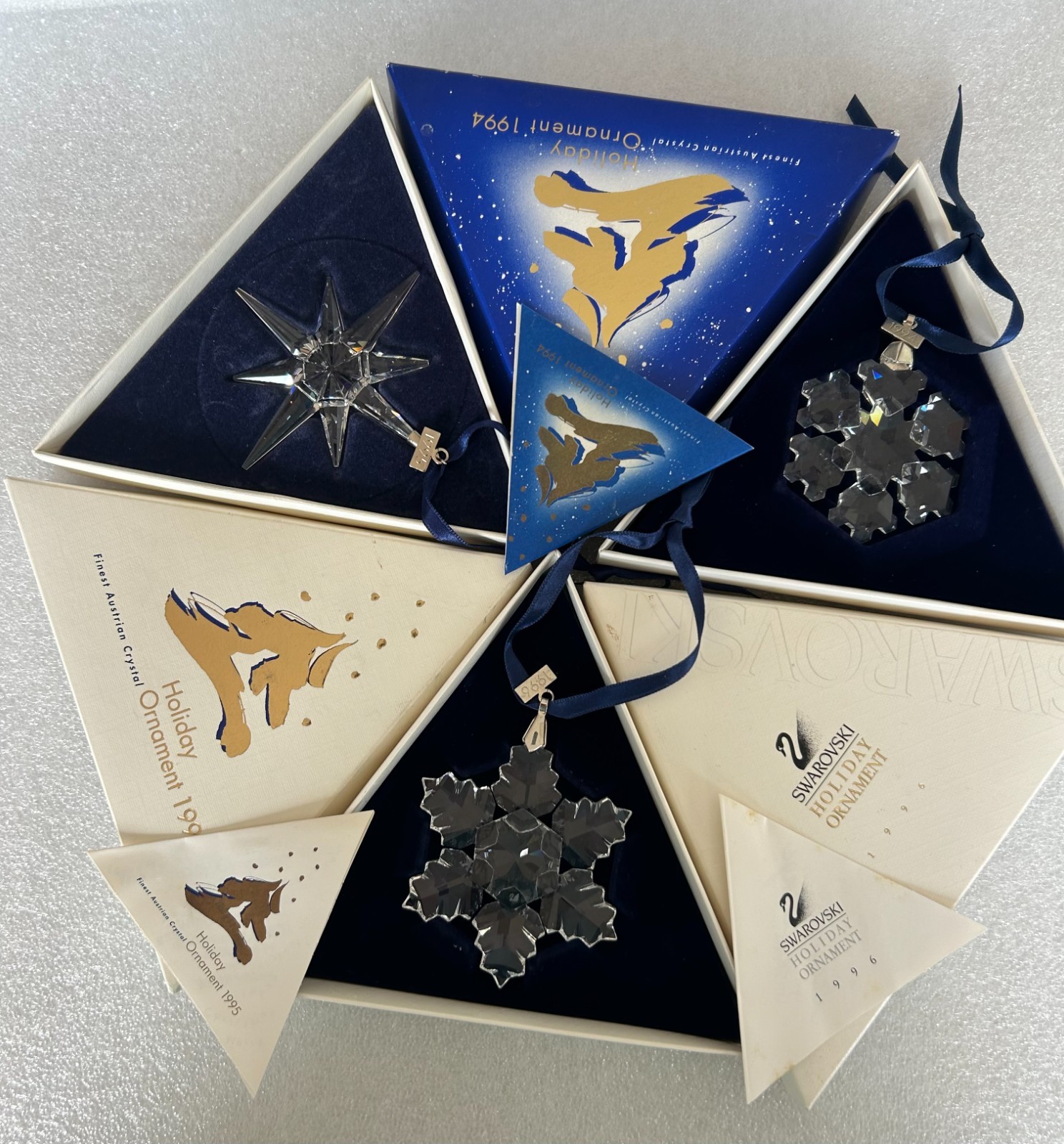 Swarovski 1994 1995 1996 Annual Ornaments in original boxes with COA