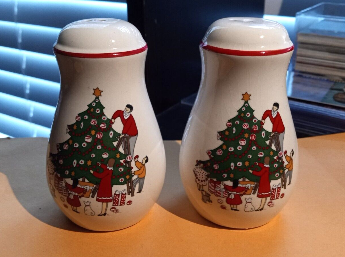 Vintage White Ceramic Christmas Tree Being Decorated  Salt & Pepper Shakers